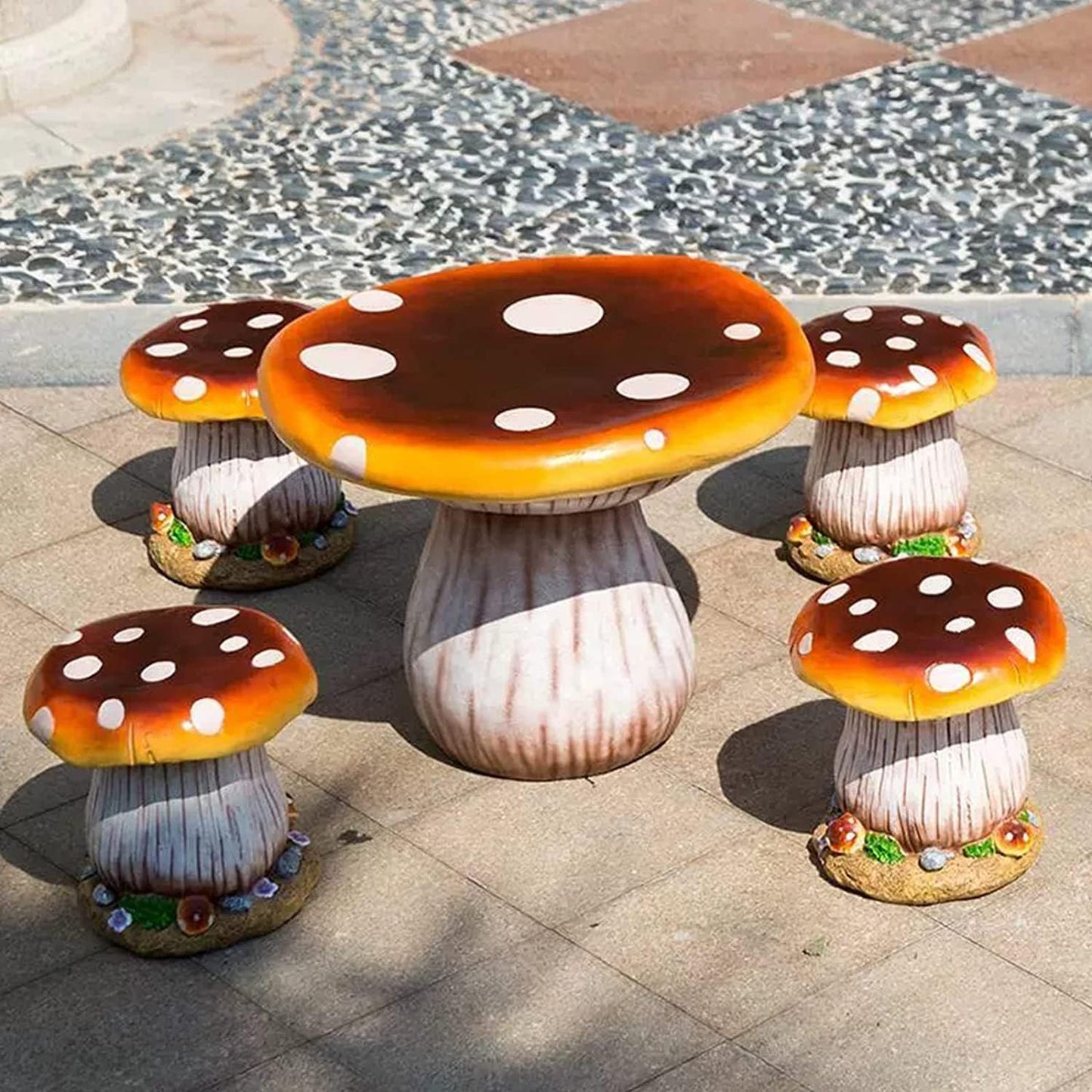 QQXX Outdoor Garden Mushroom Table Stool Statues,Resin Creative Landscape Sculpture Decoration,Courtyard Lawn Pond Ornament,Red,A Set