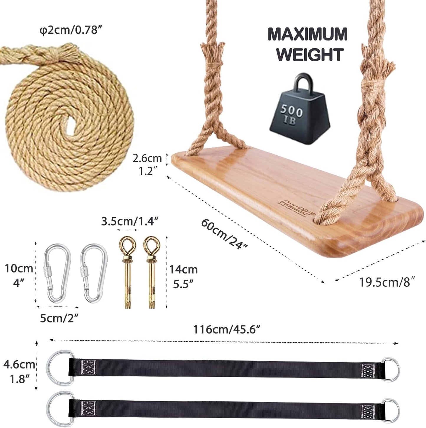 Hanging Wooden Swing, 24"x 8"x 1.2" Tree Swing for Adults and Kids with 500lbs Load, Adjustable Hemp Rope Plus Tree Straps 147 inch, Wood Swing Set Seat for Outdoor and Indoor Use