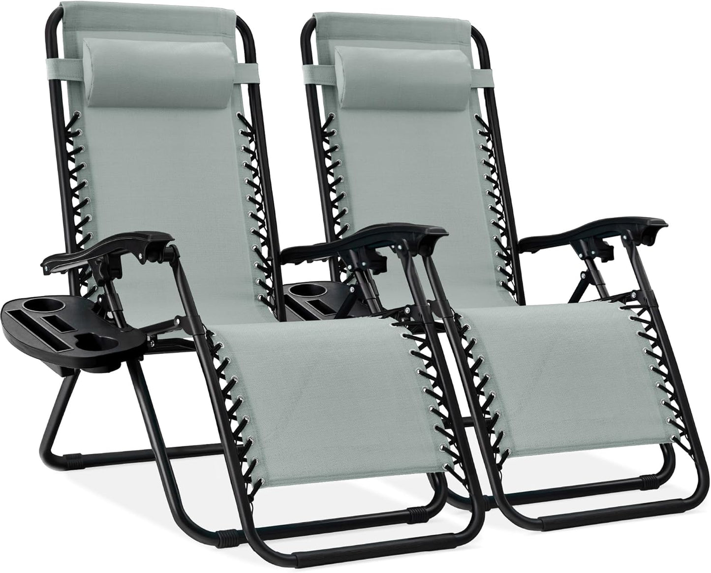 Best Choice Products Set of 2 Adjustable Steel Mesh Zero Gravity Lounge Chair Recliners w/Pillows and Cup Holder Trays - Ice Gray