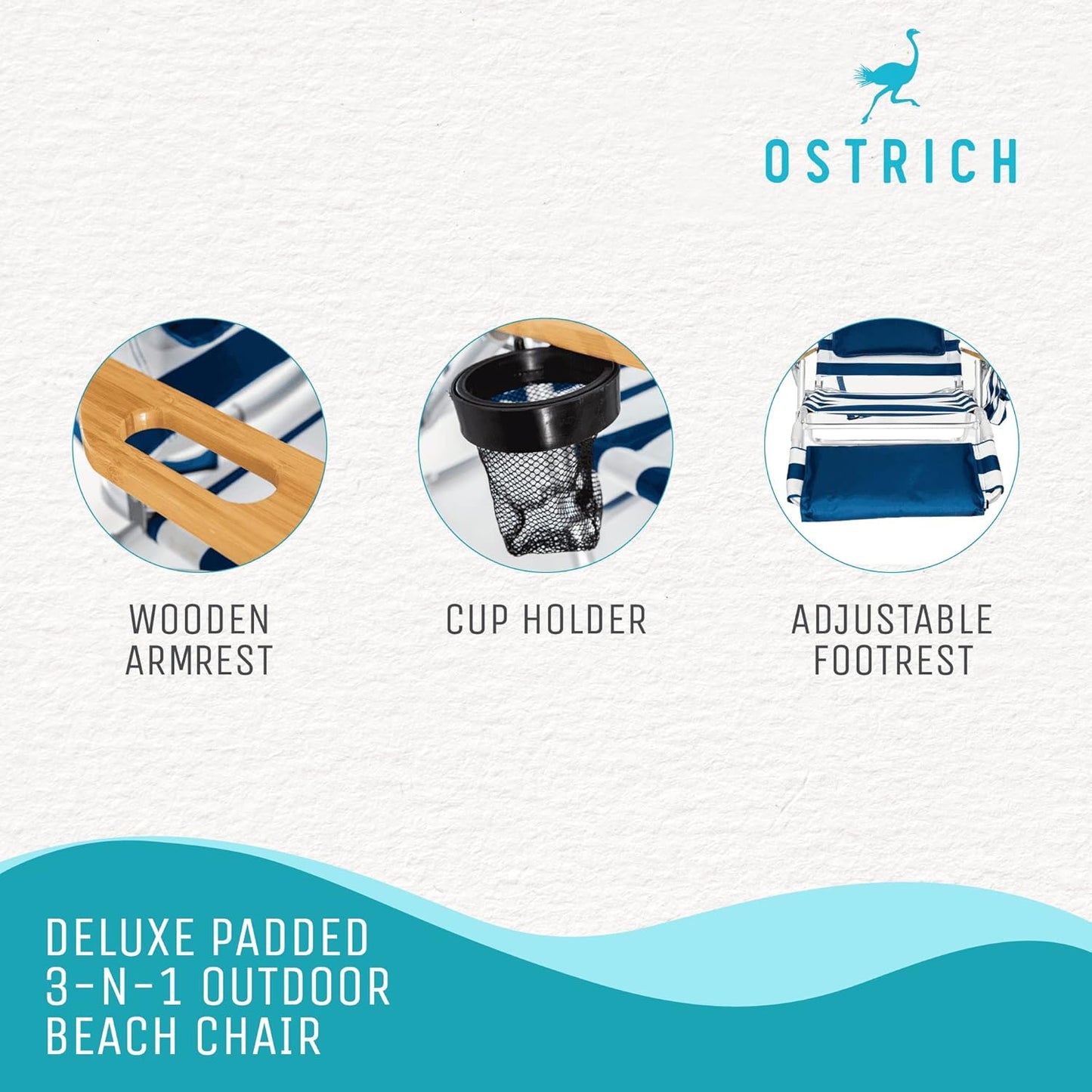 Ostrich Deluxe 3N1 Lightweight Lawn Beach Reclining Lounge Chair with Footrest, Outdoor Furniture for Patio, Balcony, Backyard, or Porch, Blue Stripe