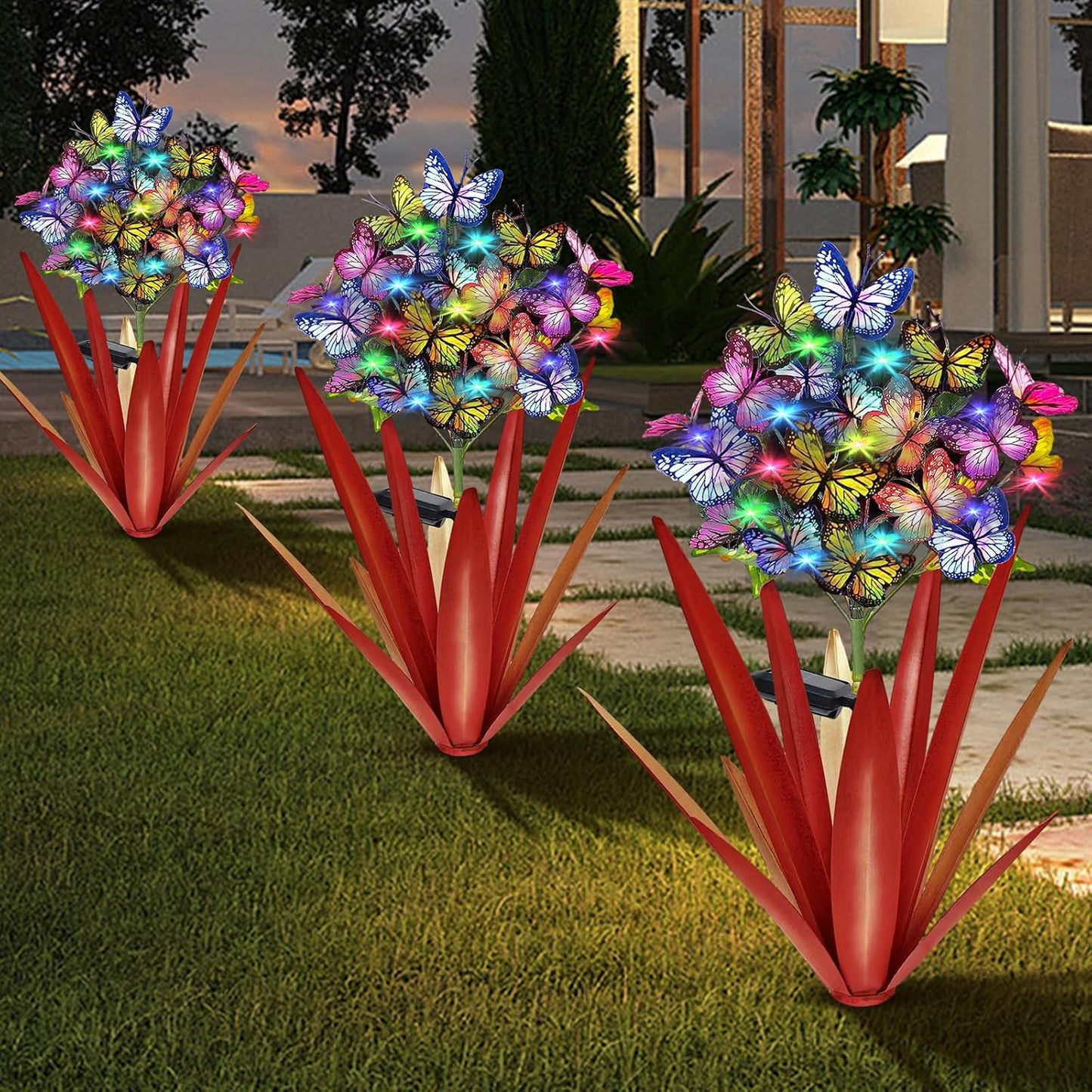 Solar Metal Agave Butterfly Flower Stick Garden Sculpture - Outdoor Gift, Christmas Lights, Swaying Butterfly, Sunflower - Solar Outdoor Statues (3 PCS Light Green)