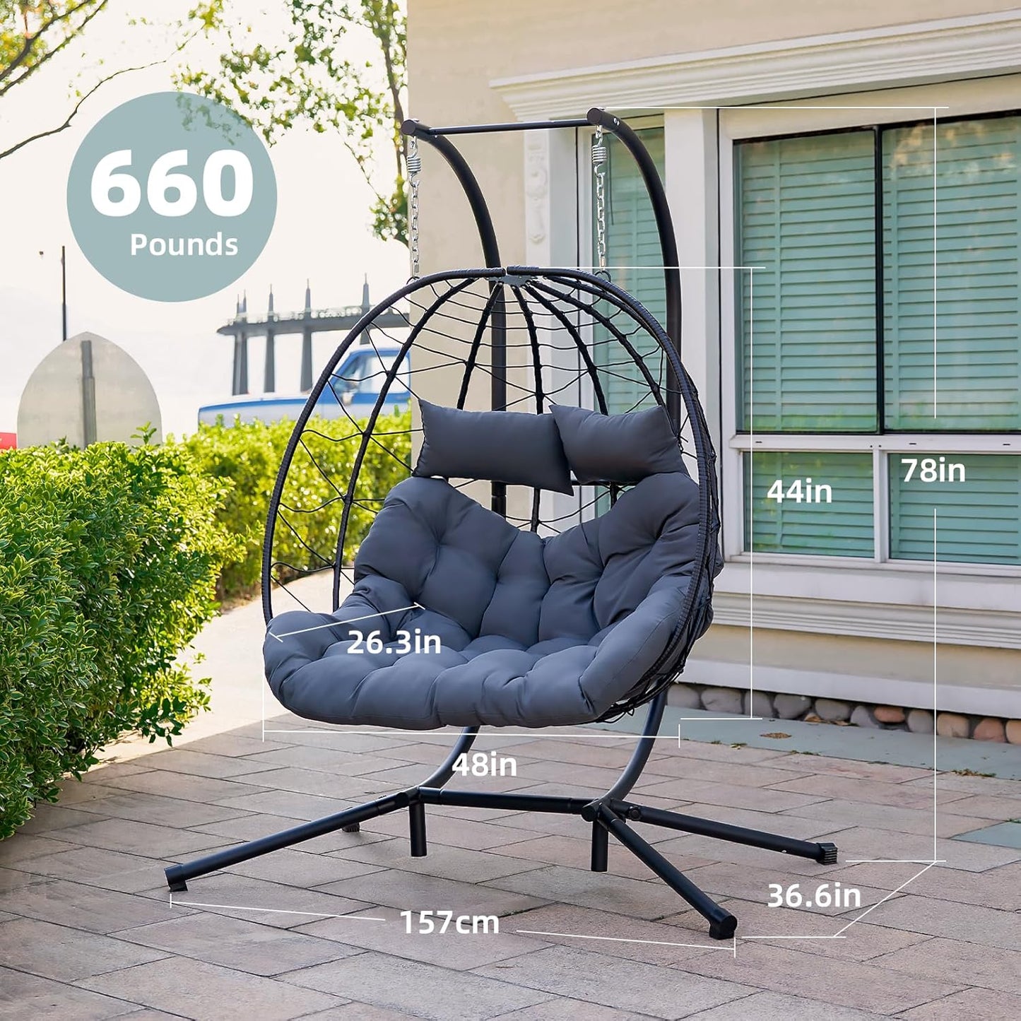 Easyego Double Egg Chair with Stand Hammock Swing Chair 2 Person Outdoor Indoor Hanging Loveseat with UV Resistant Removable Cushion for Patio Living Room-660LBS Capacity, Grey