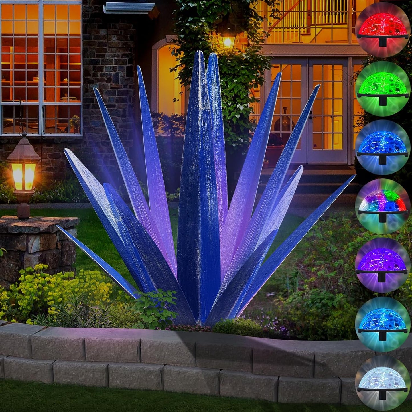 Large Tequila Rustic Sculpture, Rustic Metal Agave Plants for Outdoor Patio Yard, Home Decor Hand Painted Metal Agave Garden Yard Statue, Outdoor Lawn Ornaments (Blue - L (W/Solar Light))