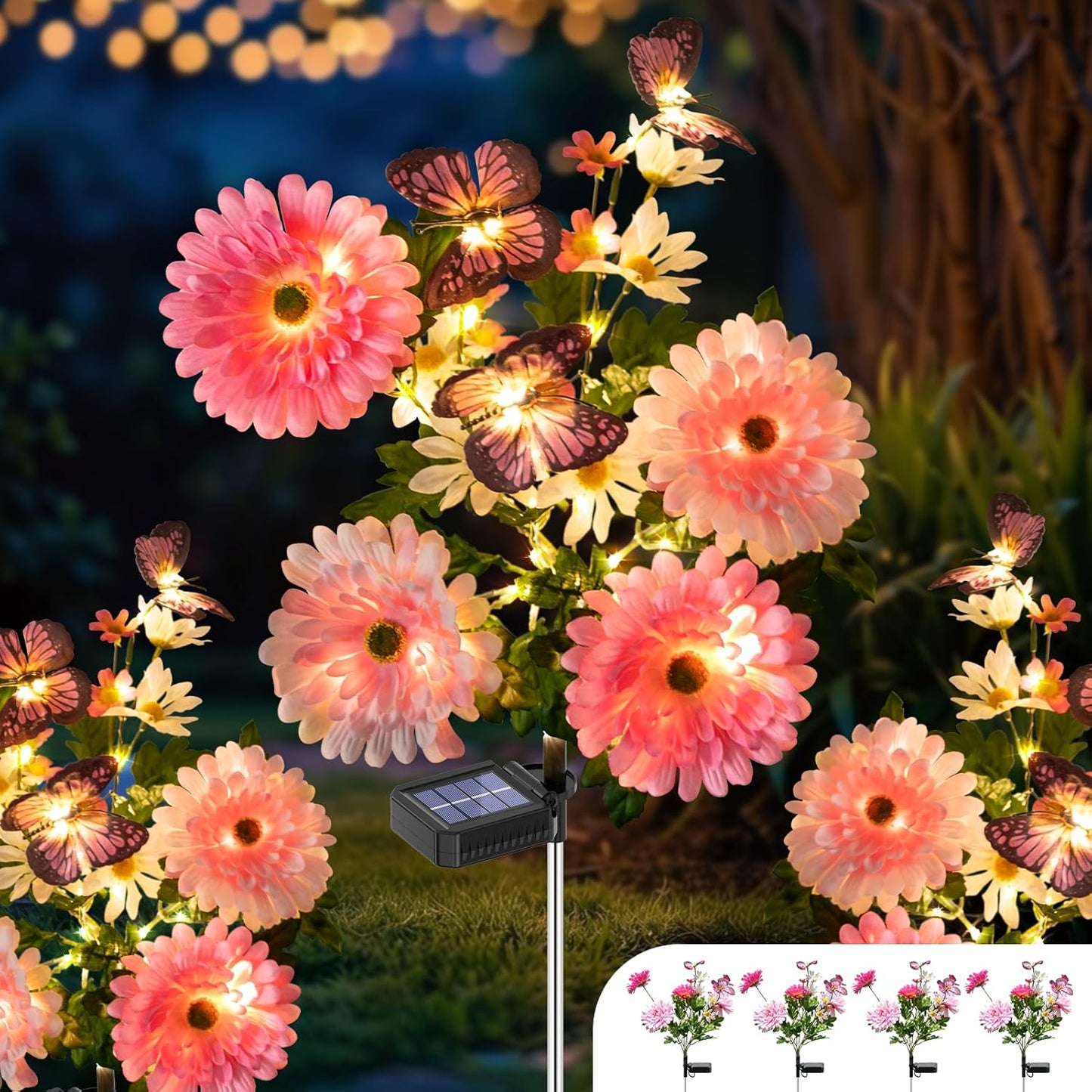 Solar Garden Light 6 Packs, 120 LEDs Outdoor Solar Lighting with Daisy and Butterfly, Waterproof Outdoor Garden Light for Patio, Courtyard, Pathway Decoration (Pink)