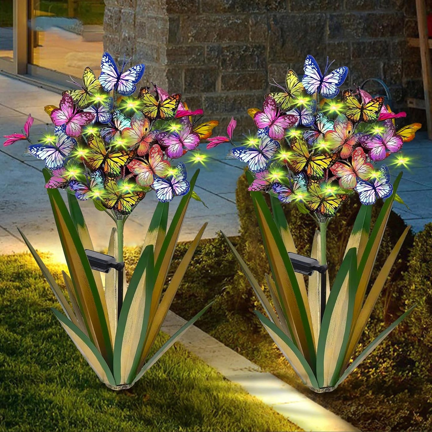 Solar Metal Agave Butterfly Flower Stick Garden Sculpture - Outdoor Gift, Christmas Lights, Swaying Butterfly, Sunflower - Solar Outdoor Statues (3 PCS Light Green)