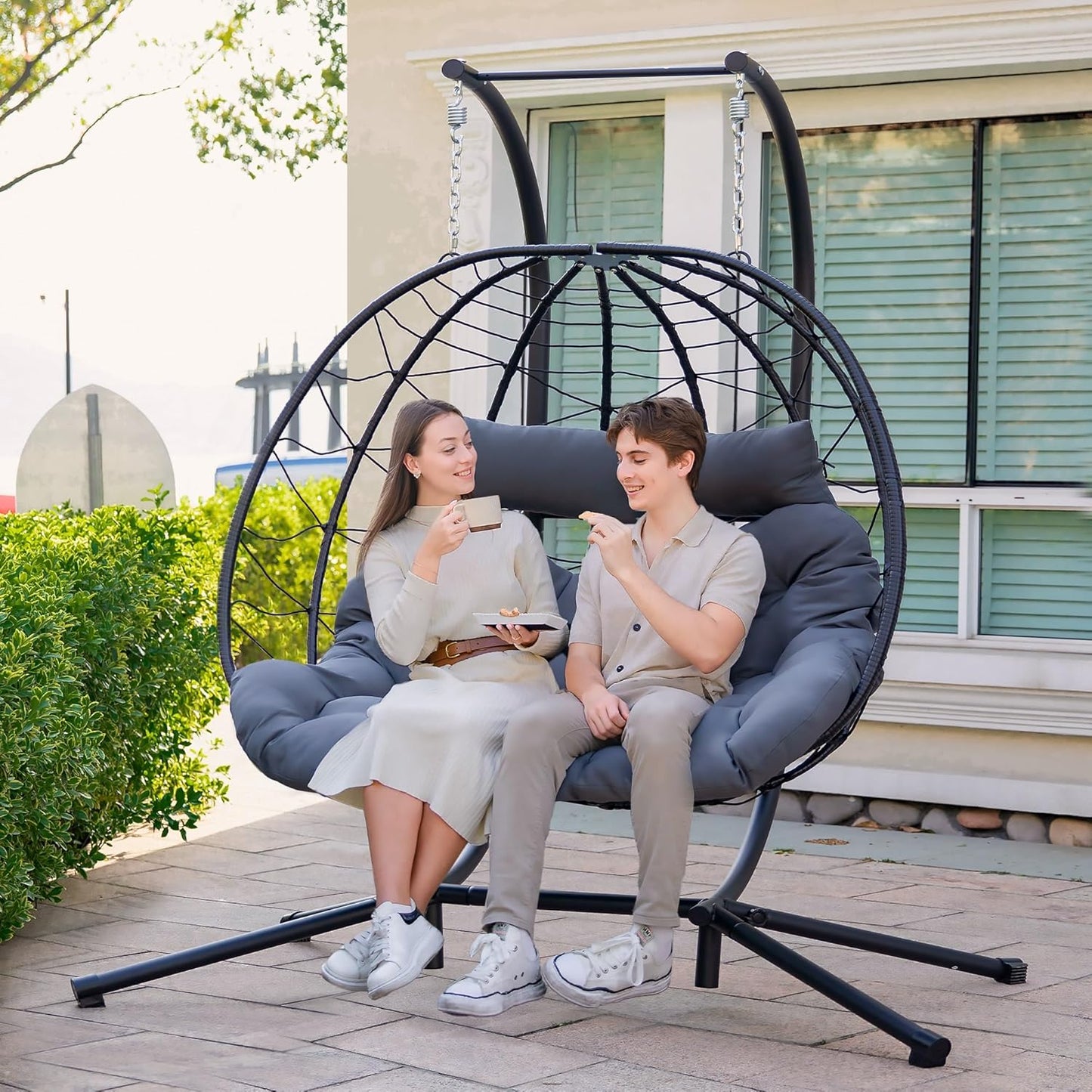 Easyego Double Egg Chair with Stand Hammock Swing Chair 2 Person Outdoor Indoor Hanging Loveseat with UV Resistant Removable Cushion for Patio Living Room-660LBS Capacity, Grey