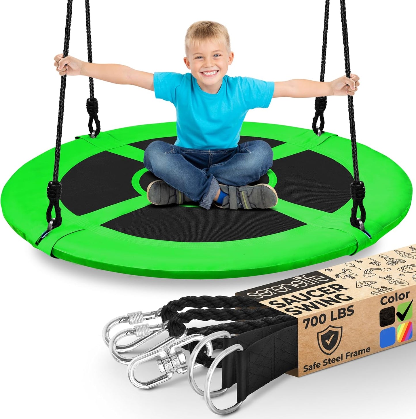 SereneLife Saucer Swing with Tree Hang Kit, 40” Outdoor Tree Swing, 2 Adjustable Hanging Rope Straps and Center Swivel Spinner for Kids (Black)