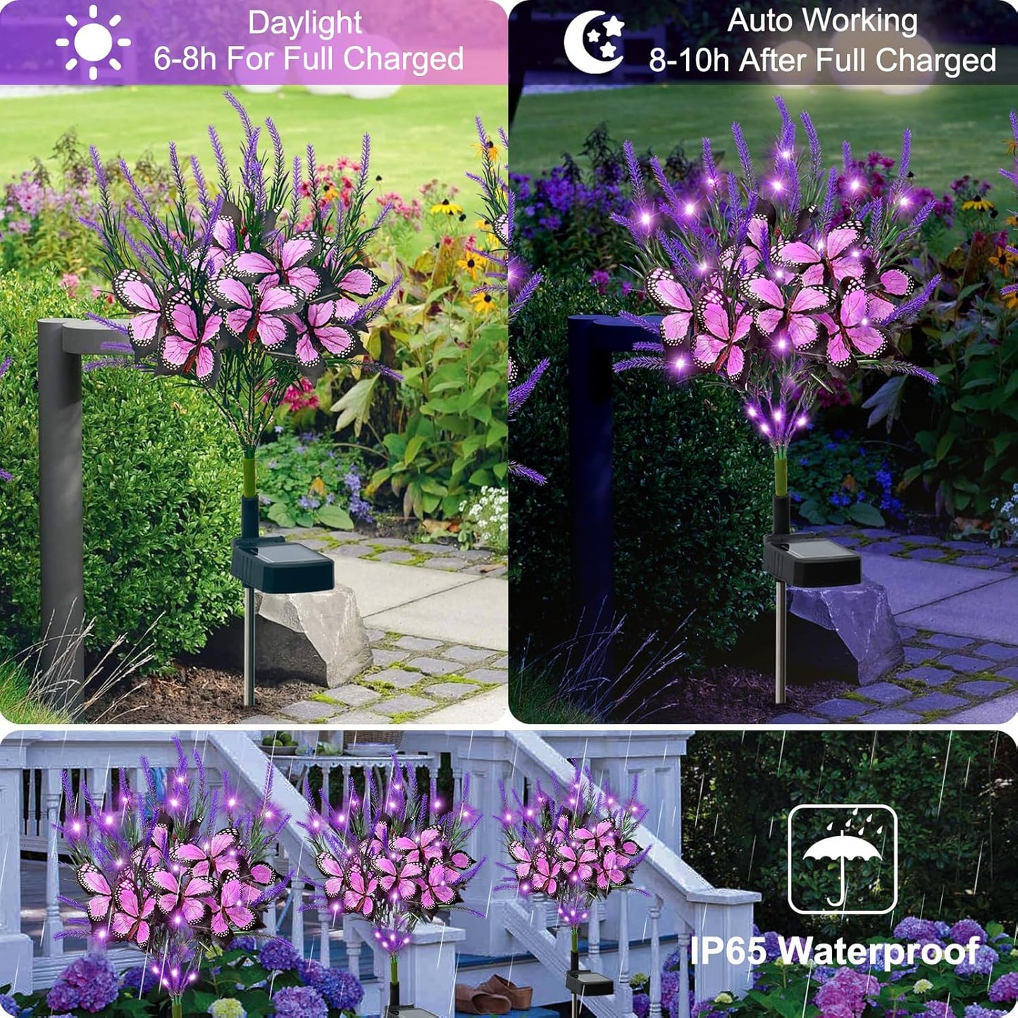 Dremisland 4Pack Solar Flowers Lights Outdoor Waterproof Purple Lavenders Solar Butterfly Lights Solar Artificial Flower Butterfly Garden Decoration for Yard Patio Pathway Lawn Courtyard