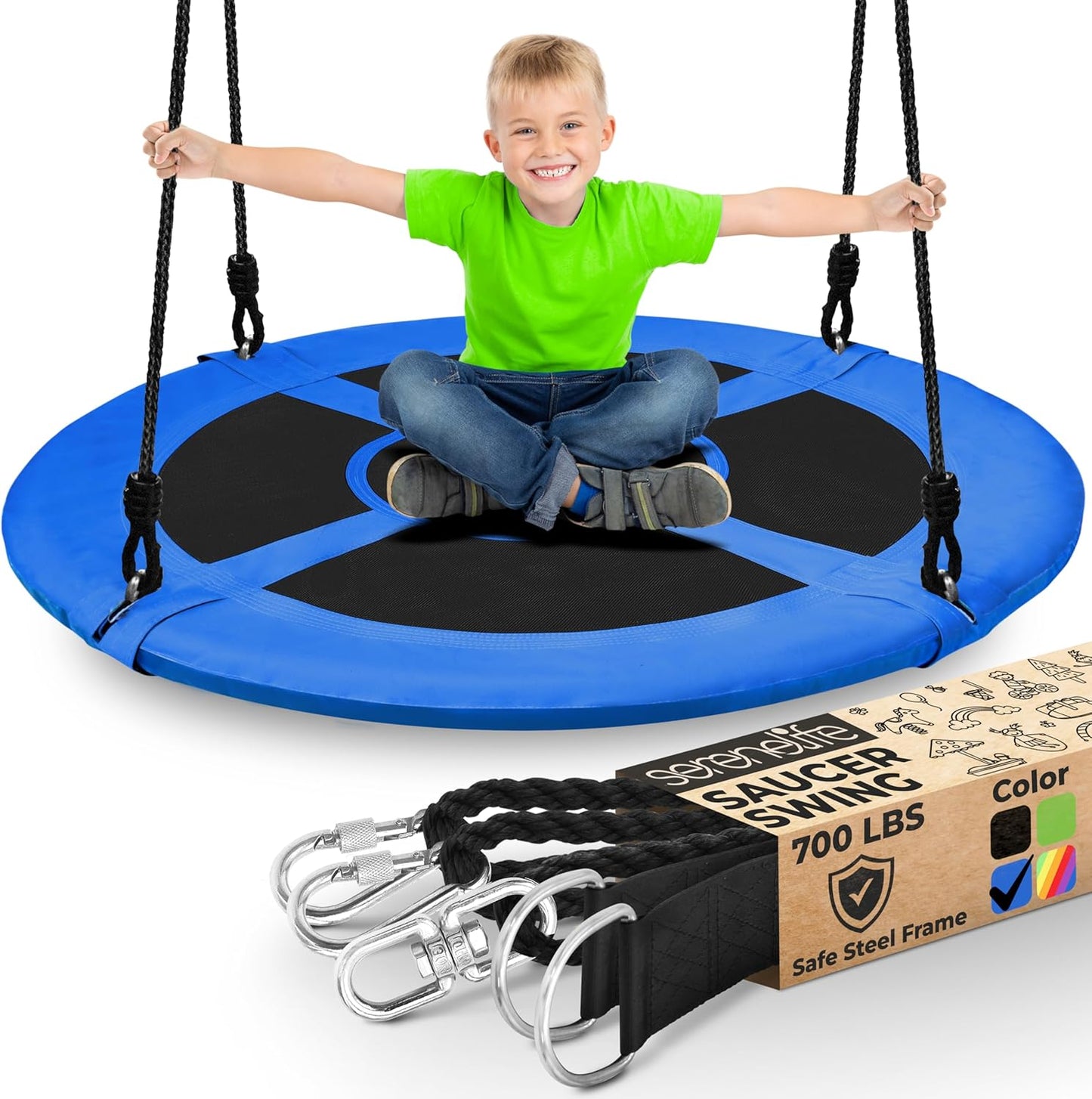 SereneLife Saucer Swing with Tree Hang Kit, 40” Outdoor Tree Swing, 2 Adjustable Hanging Rope Straps and Center Swivel Spinner for Kids (Black)