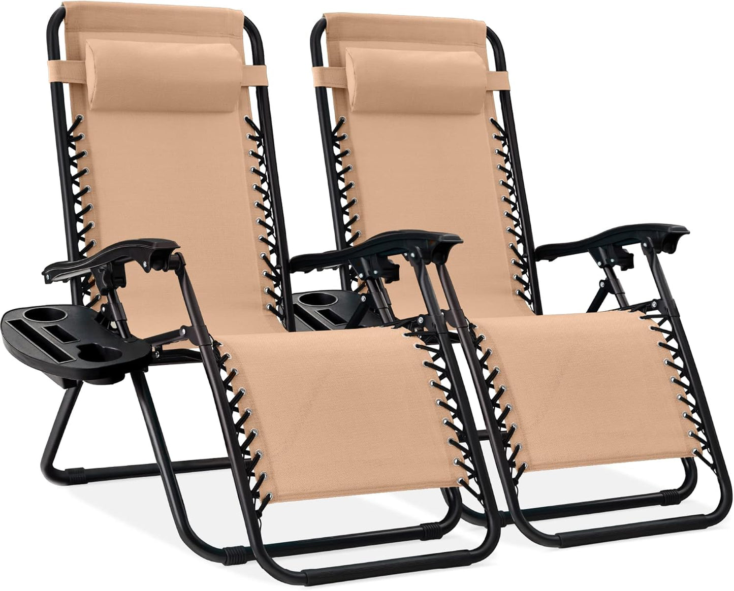 Best Choice Products Set of 2 Adjustable Steel Mesh Zero Gravity Lounge Chair Recliners w/Pillows and Cup Holder Trays - Ice Gray