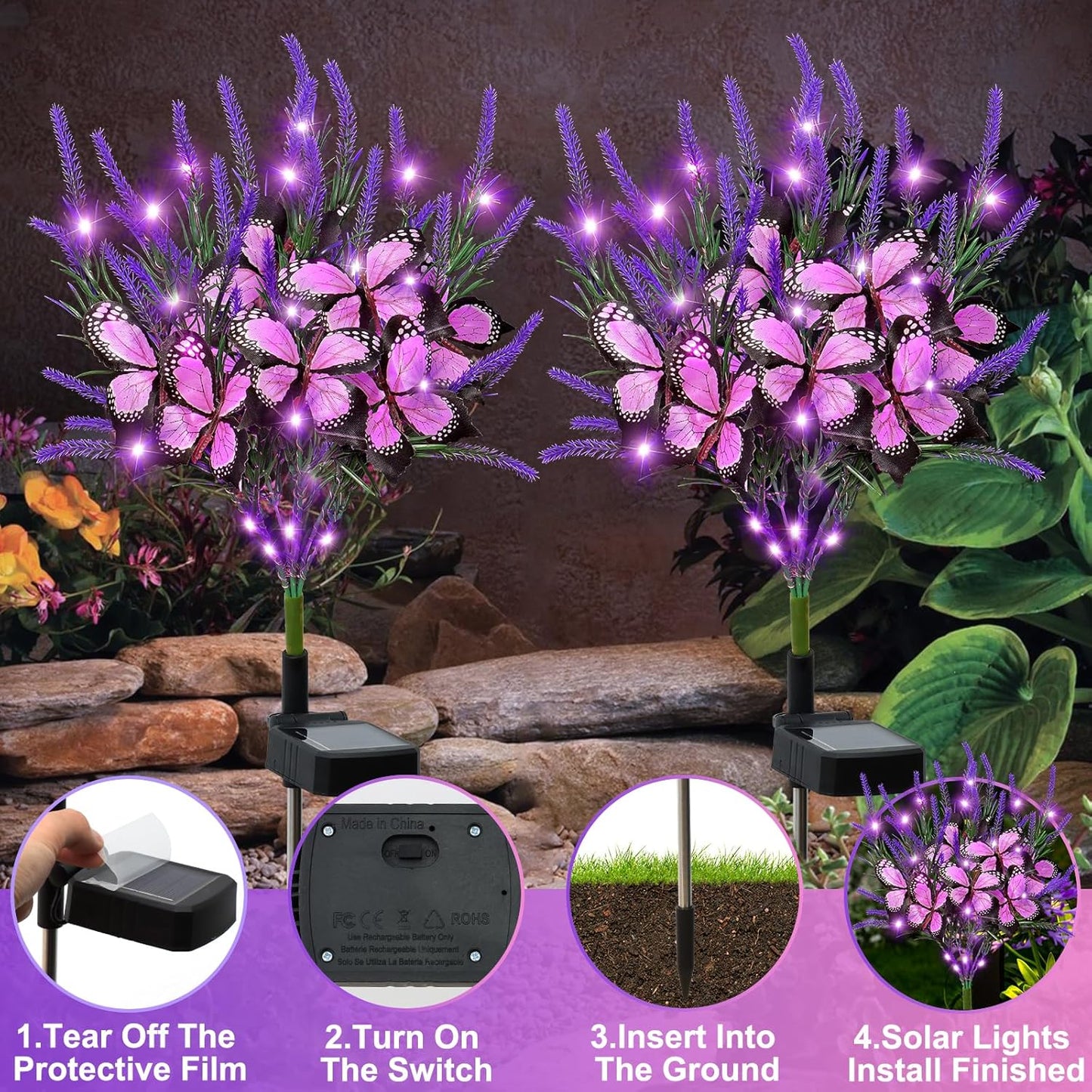 Dremisland 4Pack Solar Flowers Lights Outdoor Waterproof Purple Lavenders Solar Butterfly Lights Solar Artificial Flower Butterfly Garden Decoration for Yard Patio Pathway Lawn Courtyard