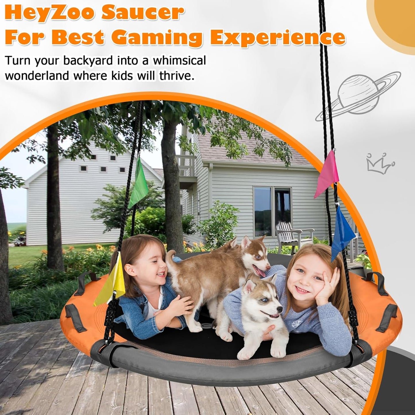 Tree Swing, Saucer Swing Sets 43 Inch for Kids, Come with 360 Degree Swivel and Adjustable Hanging Strap, Gray and Orange