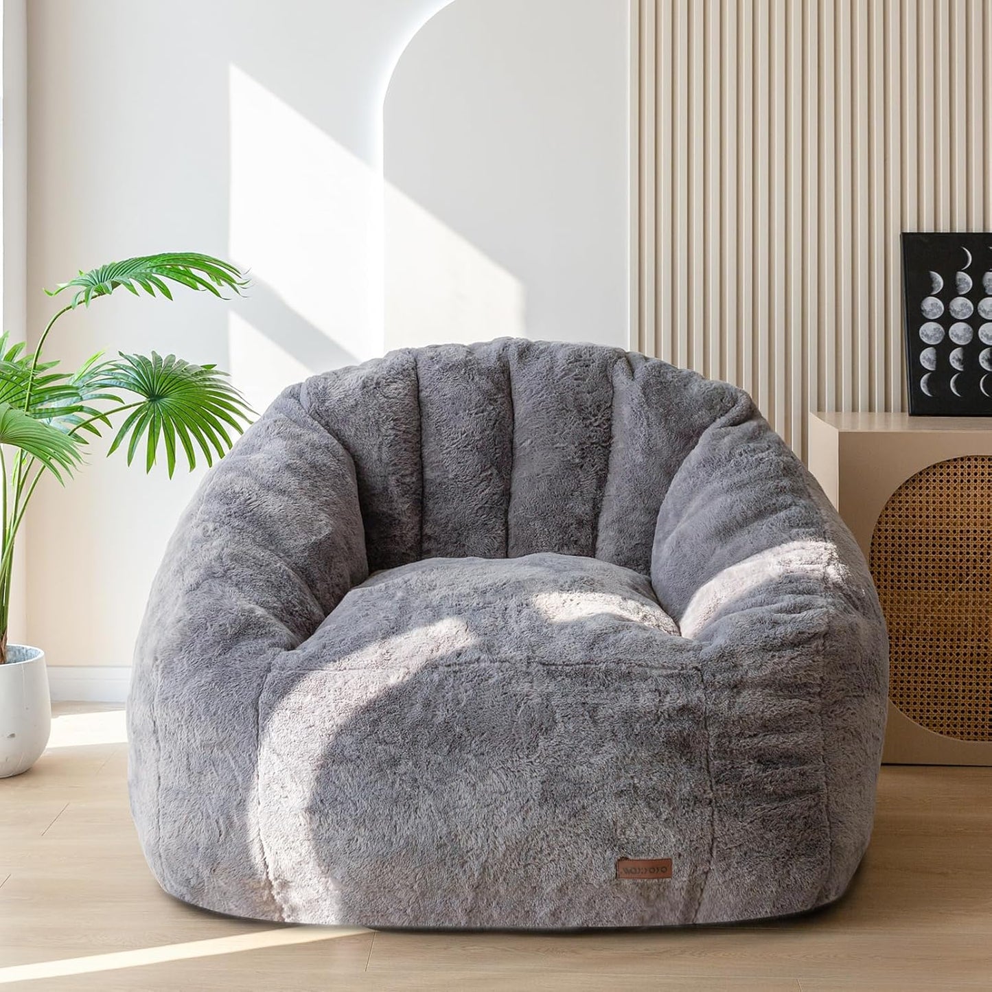 MAXYOYO Giant Bean Bag Chair, Oversized Bean Bag Couch for Adults and Kids, Faux Fur Shell-Shaped Large Chair with Filler, Stuffed Big Accent Sofa Lounge Floor Sofa for Gaming, Reading, Beige