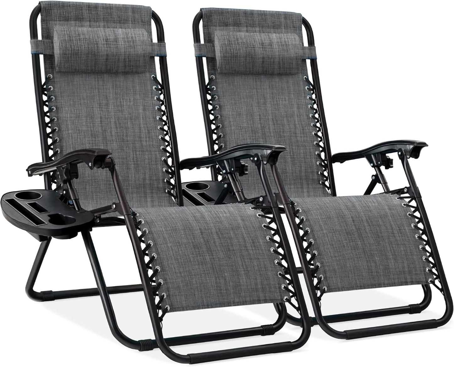 Best Choice Products Set of 2 Adjustable Steel Mesh Zero Gravity Lounge Chair Recliners w/Pillows and Cup Holder Trays - Ice Gray