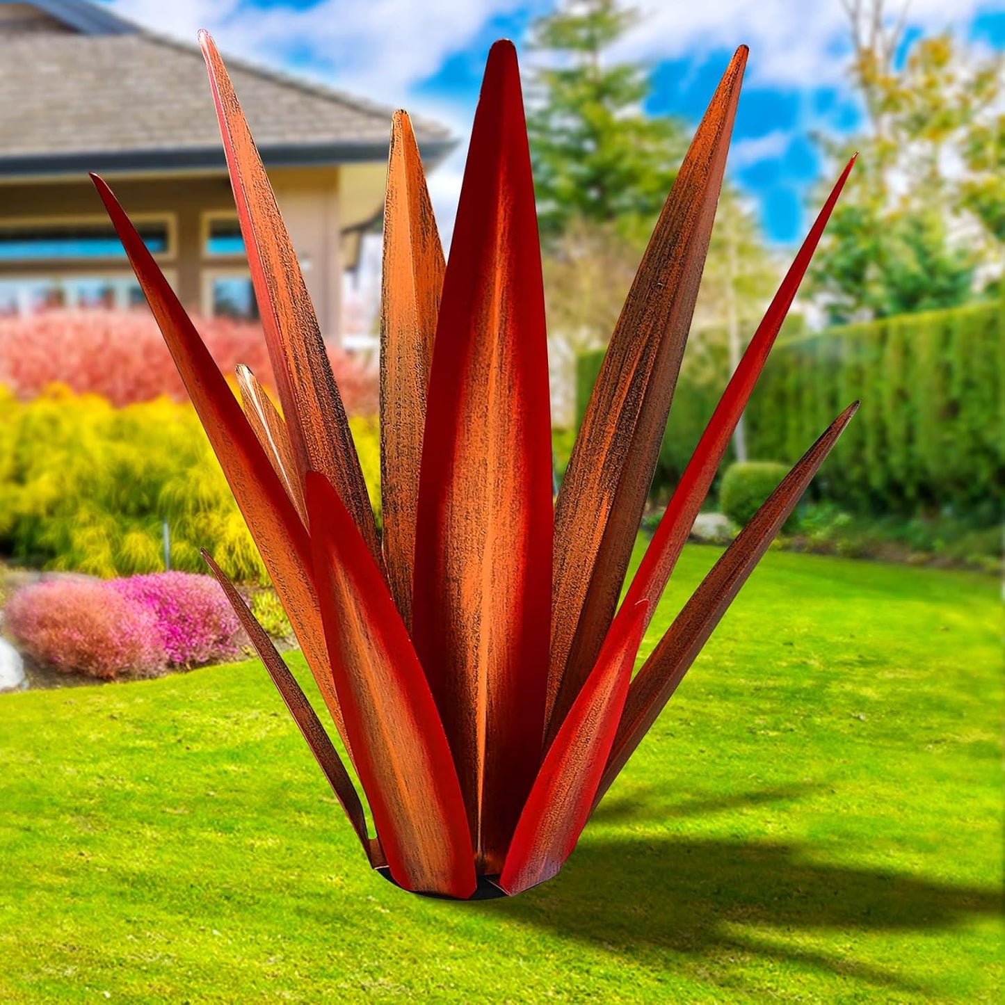 Large Tequila Rustic Sculpture, Rustic Metal Agave Plants for Outdoor Patio Yard, Home Decor Hand Painted Metal Agave Garden Yard Statue, Outdoor Lawn Ornaments (Blue - L (W/Solar Light))