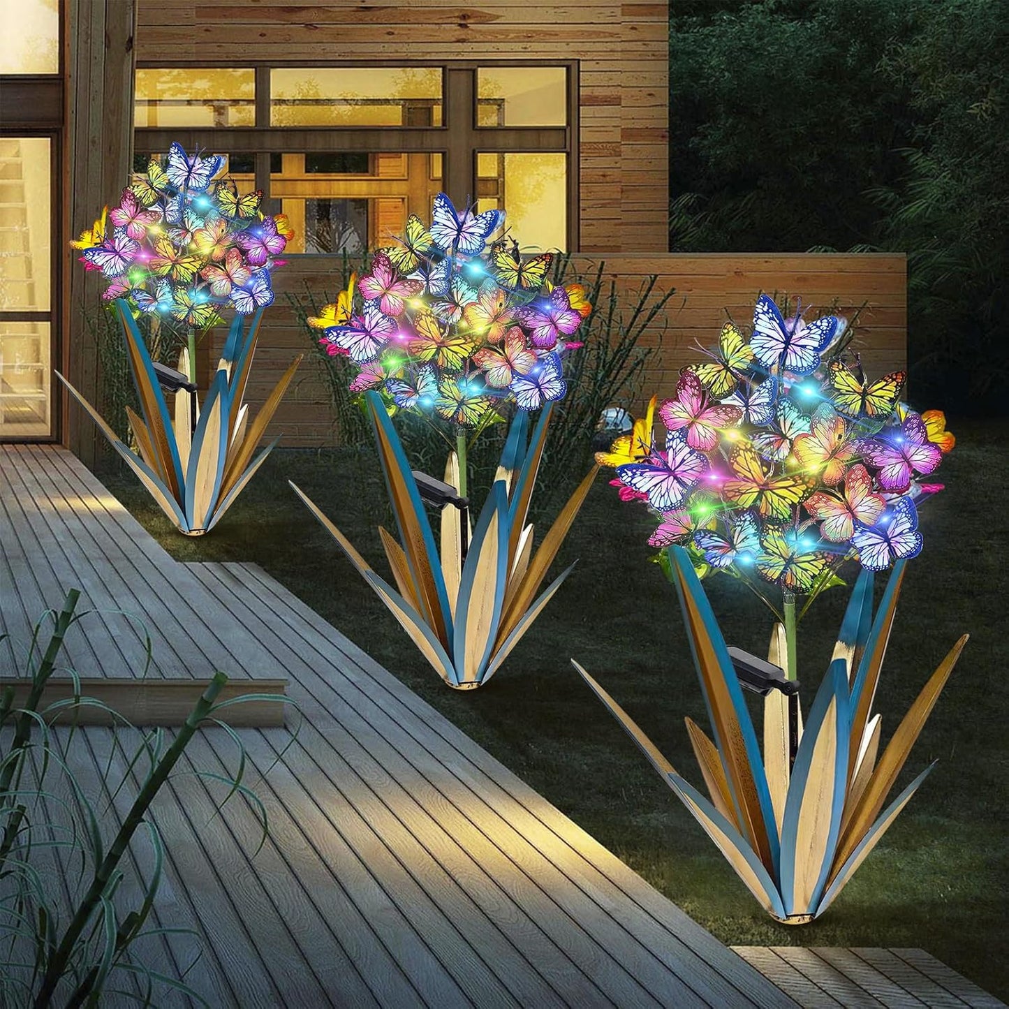 Solar Metal Agave Butterfly Flower Stick Garden Sculpture - Outdoor Gift, Christmas Lights, Swaying Butterfly, Sunflower - Solar Outdoor Statues (3 PCS Light Green)