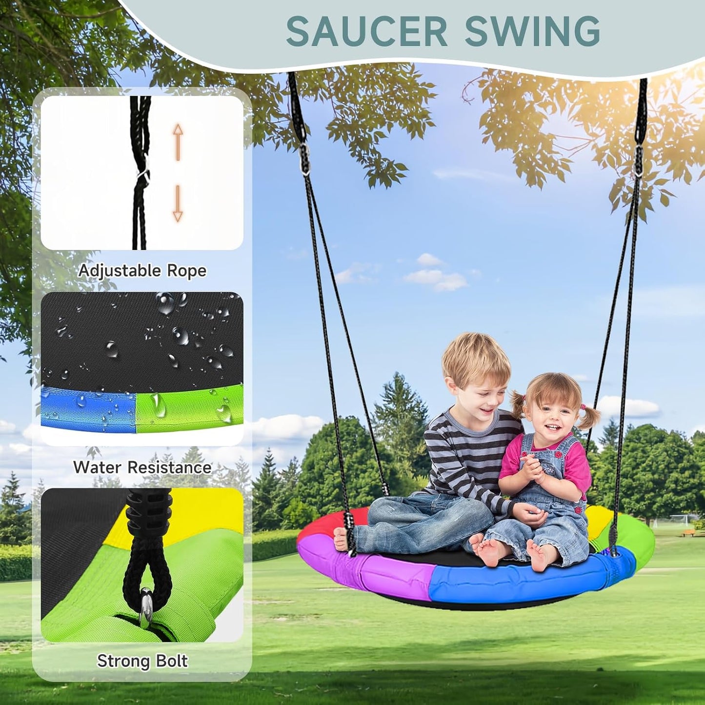 Swing Sets for Backyard, Toddler Swing Set with 2 Seat 1 Saucer & 1 Belt Seat, 440lbs Heavy-Duty Swing Frame w/8 Ground Stakes, A Frame Outdoor Swingset for Kids and Adults for Backyard