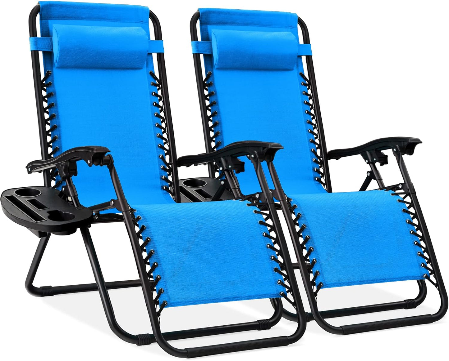 Best Choice Products Set of 2 Adjustable Steel Mesh Zero Gravity Lounge Chair Recliners w/Pillows and Cup Holder Trays - Ice Gray