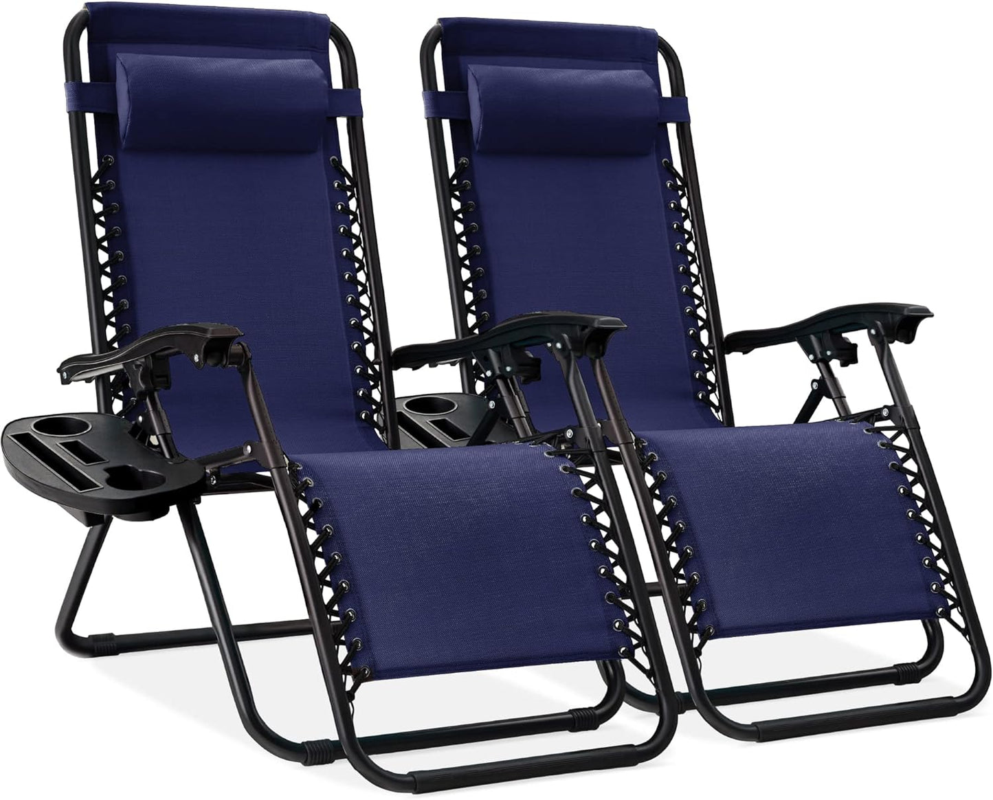 Best Choice Products Set of 2 Adjustable Steel Mesh Zero Gravity Lounge Chair Recliners w/Pillows and Cup Holder Trays - Ice Gray
