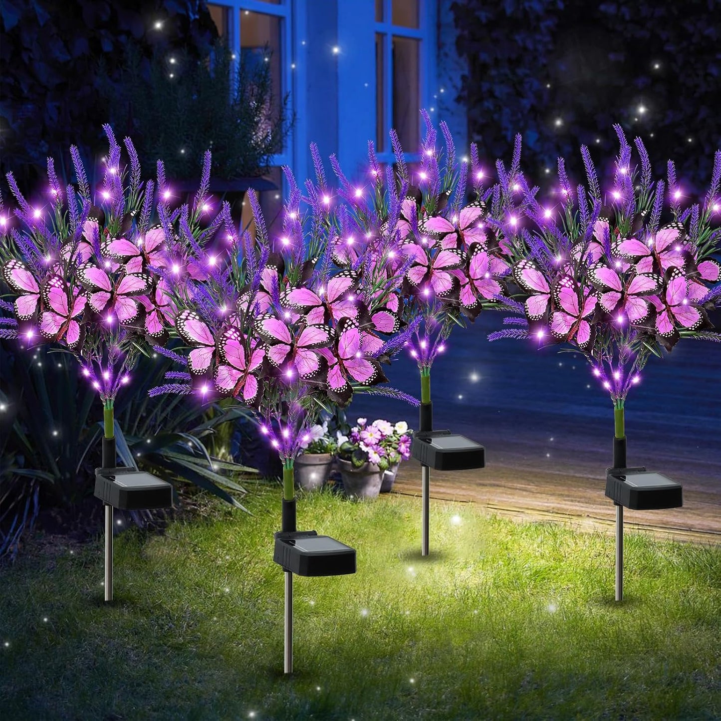 Dremisland 4Pack Solar Flowers Lights Outdoor Waterproof Purple Lavenders Solar Butterfly Lights Solar Artificial Flower Butterfly Garden Decoration for Yard Patio Pathway Lawn Courtyard