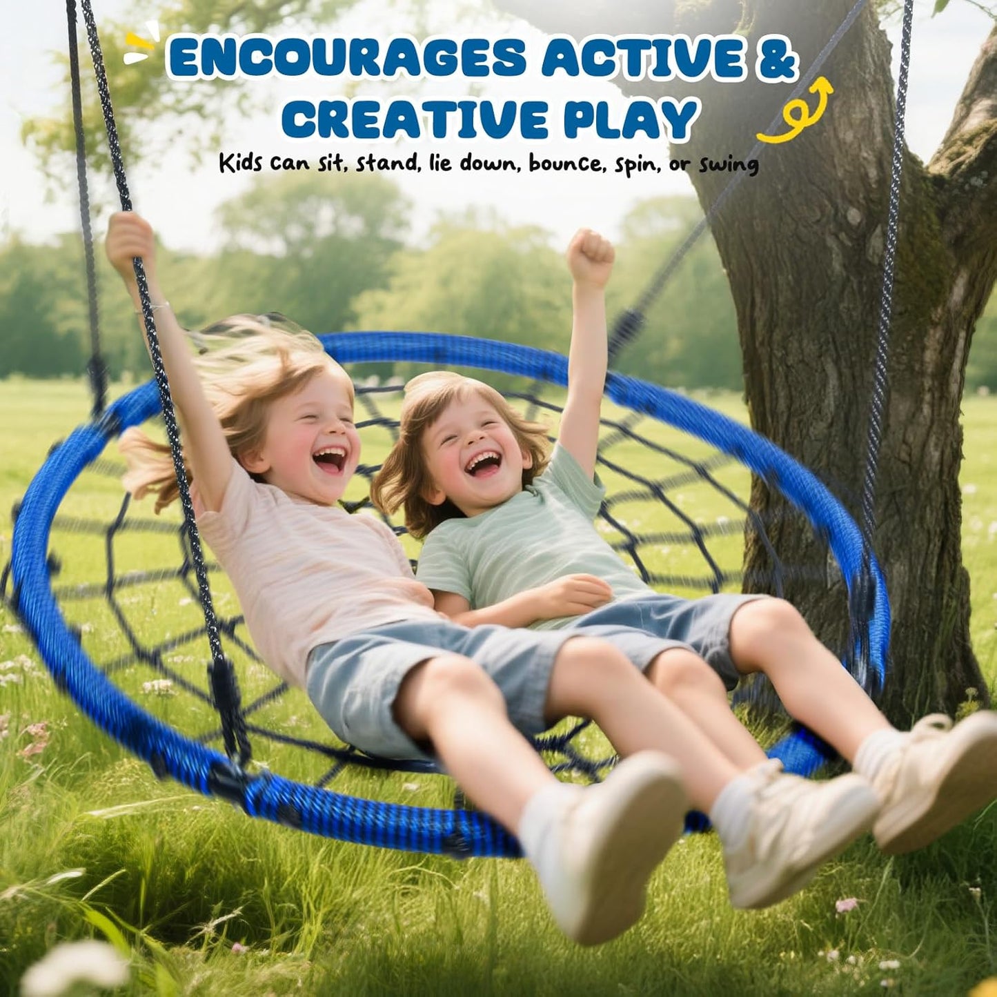 Trekassy 750lbs 40" Spider Web Saucer Tree Swing for Kids Adults, Outdoor Net Swing with Steel Frame and 2 Hanging Straps-Blue