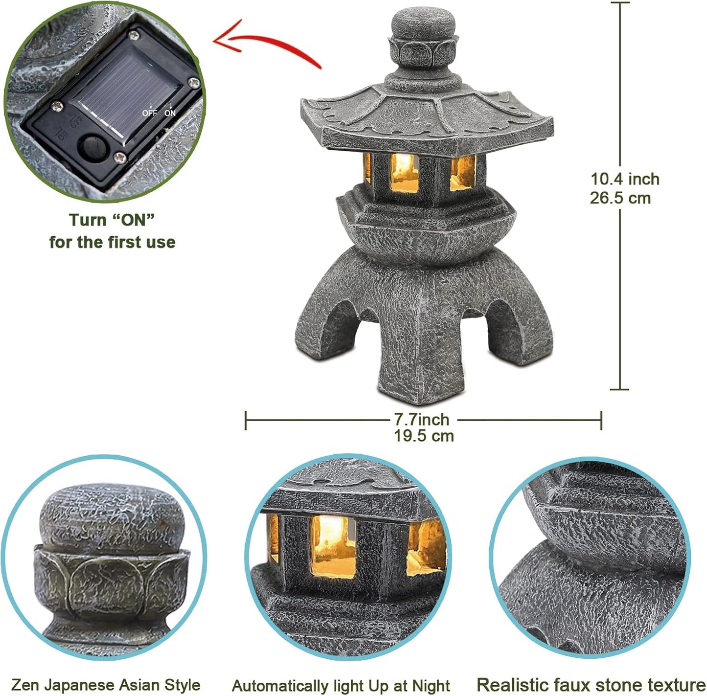 Nacome Solar Pagoda Lantern Garden Statue,Indoor/Outdoor Zen Asian Decor for Landscape Balcony,Garden,Patio,Porch Yard Art Ornament,Polyresin, Stone Finish