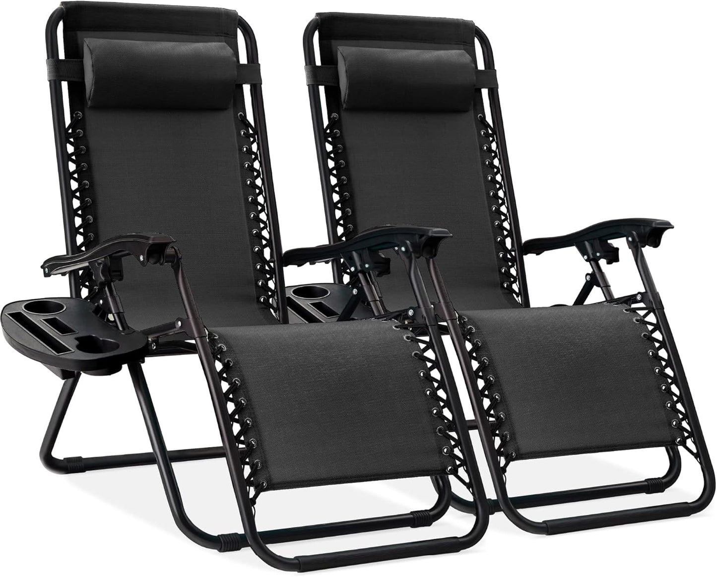 Best Choice Products Set of 2 Adjustable Steel Mesh Zero Gravity Lounge Chair Recliners w/Pillows and Cup Holder Trays - Ice Gray