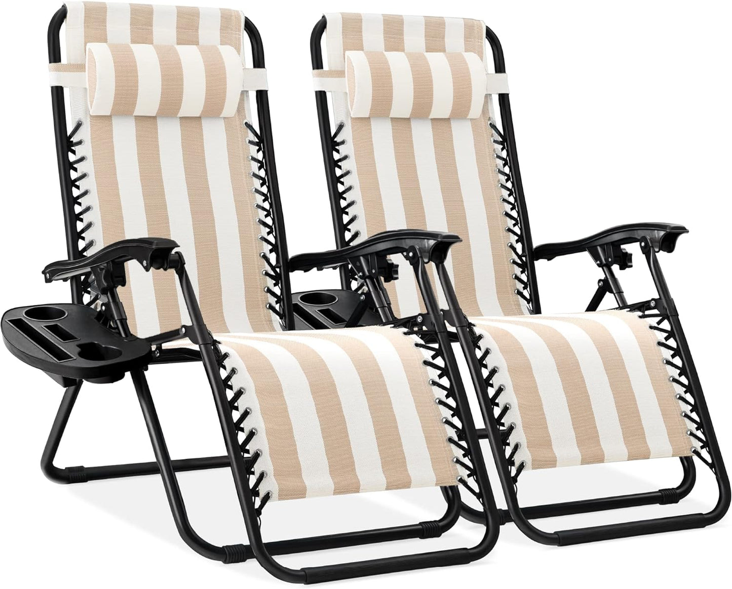 Best Choice Products Set of 2 Adjustable Steel Mesh Zero Gravity Lounge Chair Recliners w/Pillows and Cup Holder Trays - Ice Gray