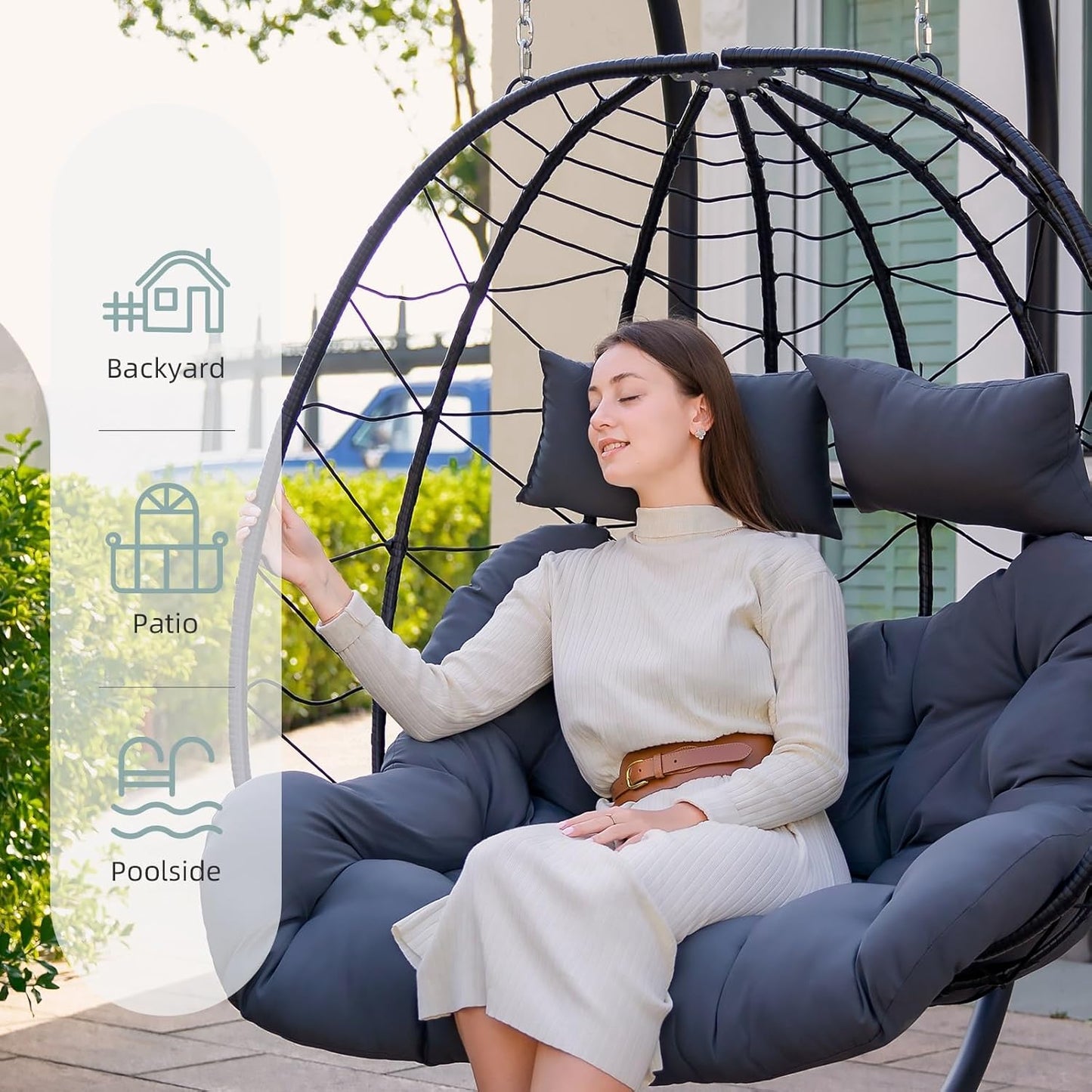 Easyego Double Egg Chair with Stand Hammock Swing Chair 2 Person Outdoor Indoor Hanging Loveseat with UV Resistant Removable Cushion for Patio Living Room-660LBS Capacity, Grey