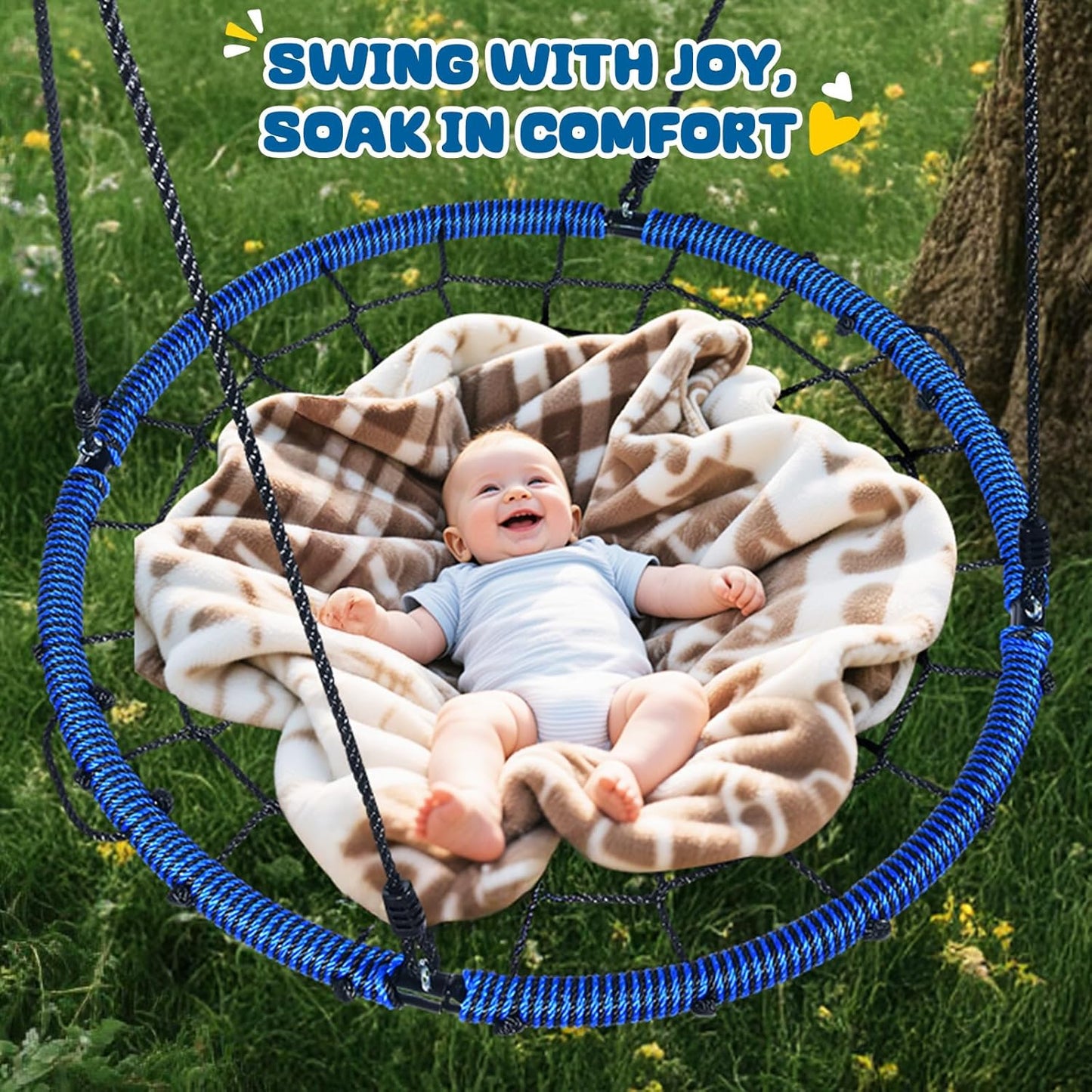 Trekassy 750lbs 40" Spider Web Saucer Tree Swing for Kids Adults, Outdoor Net Swing with Steel Frame and 2 Hanging Straps-Blue