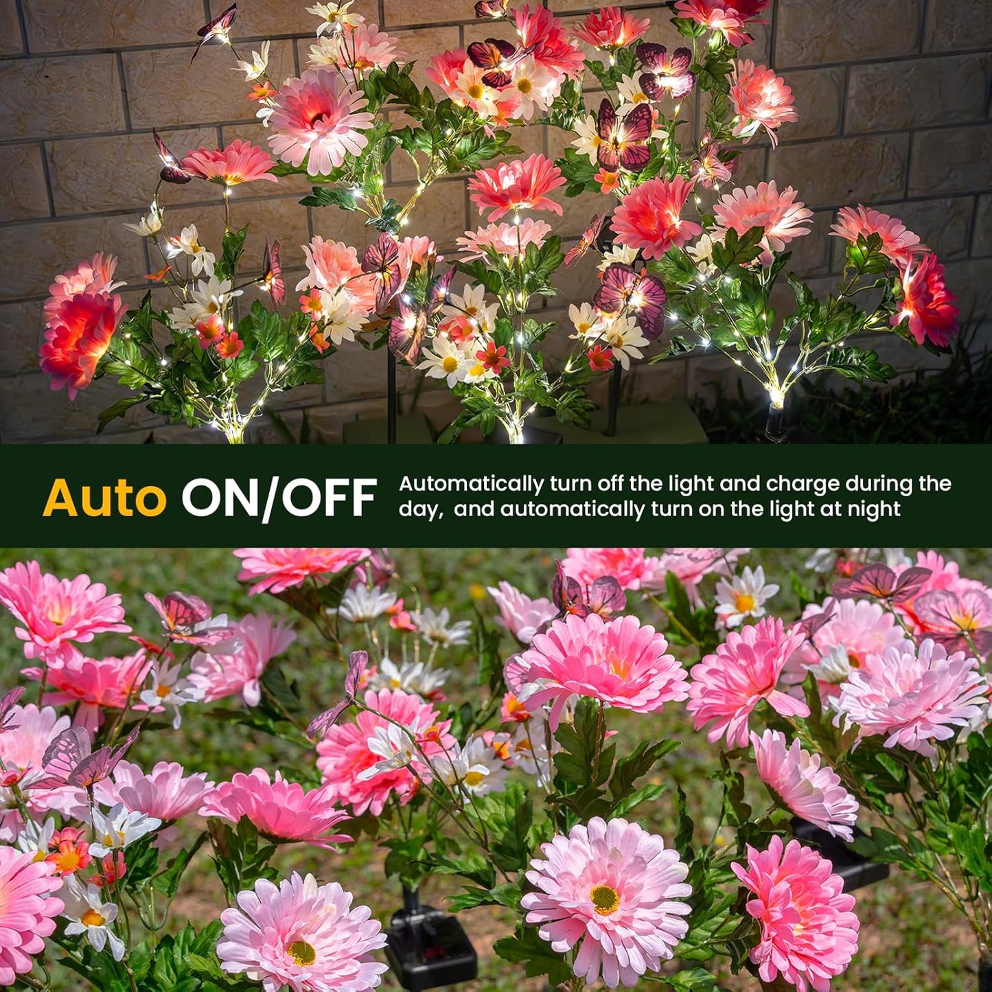 Solar Garden Light 6 Packs, 120 LEDs Outdoor Solar Lighting with Daisy and Butterfly, Waterproof Outdoor Garden Light for Patio, Courtyard, Pathway Decoration (Pink)