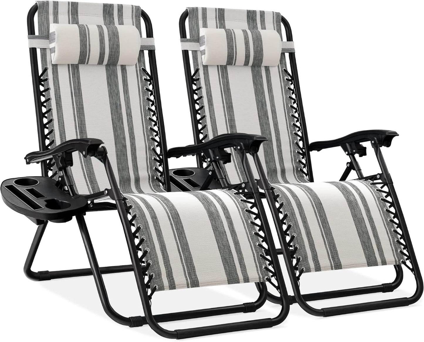 Best Choice Products Set of 2 Adjustable Steel Mesh Zero Gravity Lounge Chair Recliners w/Pillows and Cup Holder Trays - Ice Gray