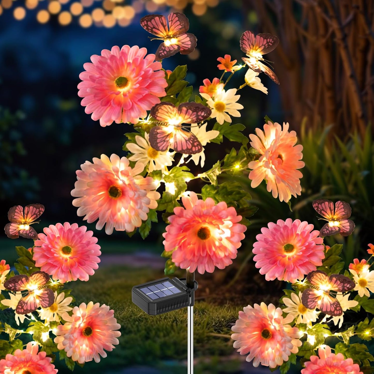 Solar Garden Light 6 Packs, 120 LEDs Outdoor Solar Lighting with Daisy and Butterfly, Waterproof Outdoor Garden Light for Patio, Courtyard, Pathway Decoration (Pink)