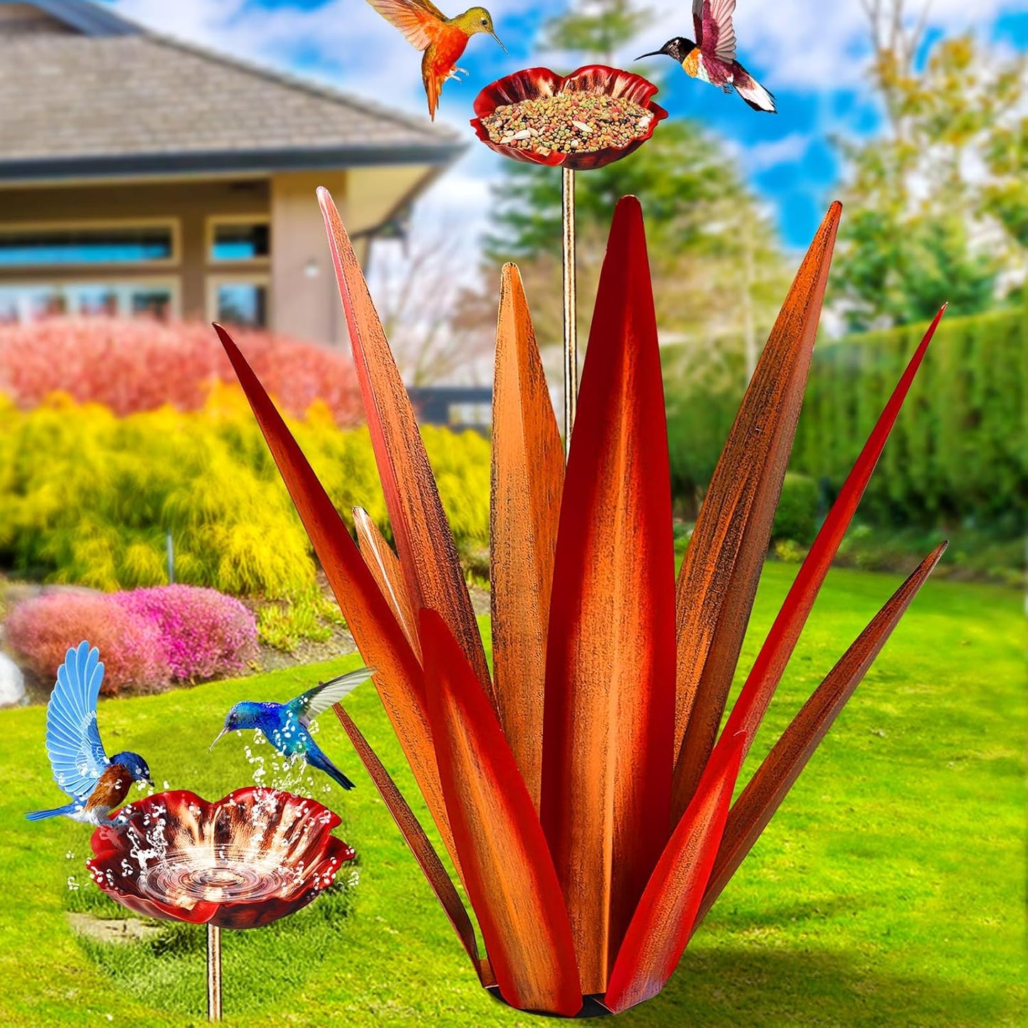 Large Tequila Rustic Sculpture, Rustic Metal Agave Plants for Outdoor Patio Yard, Home Decor Hand Painted Metal Agave Garden Yard Statue, Outdoor Lawn Ornaments (Blue - L (W/Solar Light))