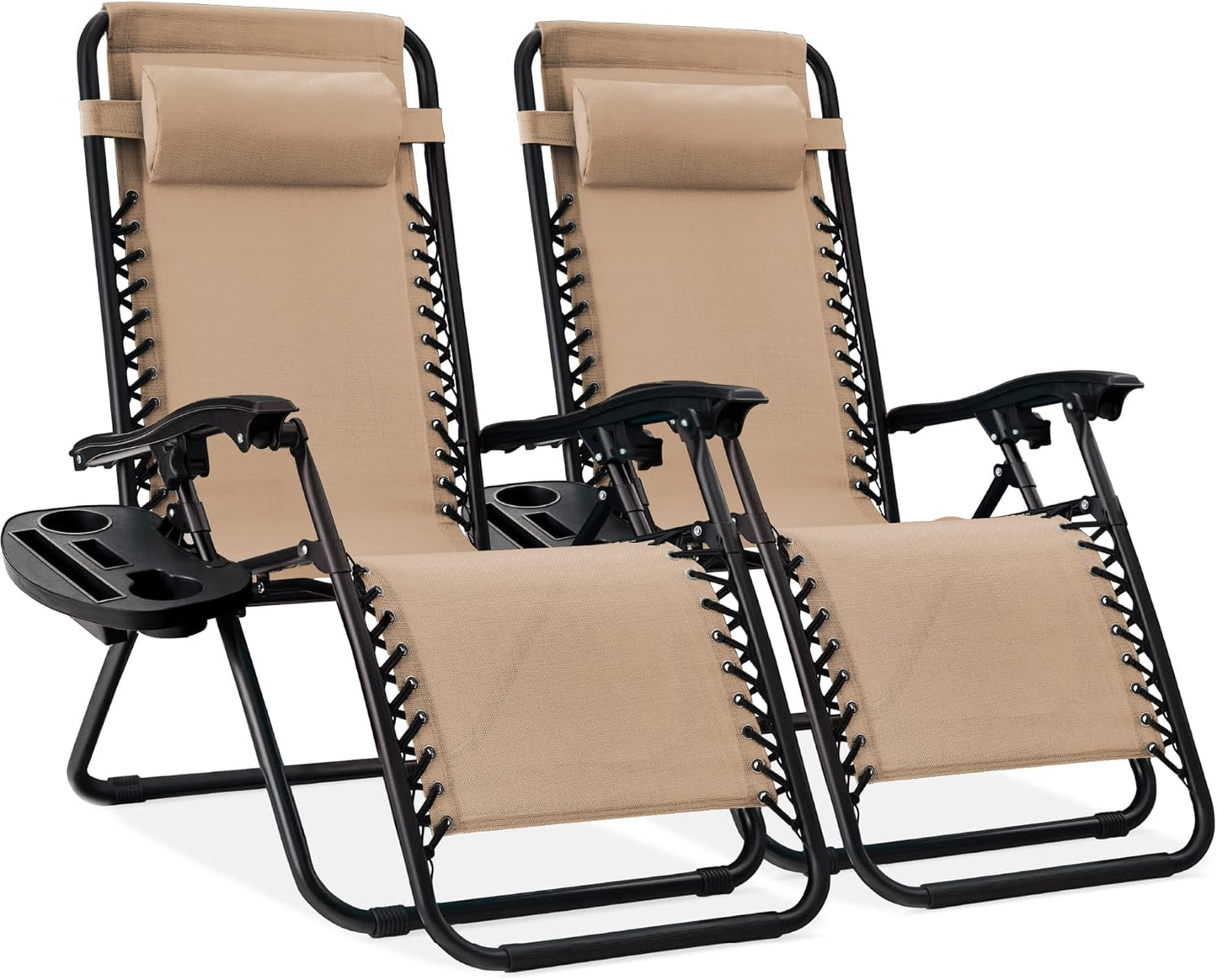 Best Choice Products Set of 2 Adjustable Steel Mesh Zero Gravity Lounge Chair Recliners w/Pillows and Cup Holder Trays - Ice Gray