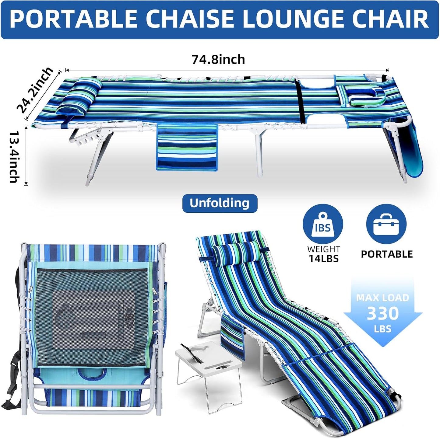3-in-1 Beach Chair Face Holes, Lounge Chair Outdoor with Folding Side Table, 5-Position Recliner, Lay Flat, Removable Pillow, Heavy Duty, Max 330lbs, Poolside, Patio, Camping, Backyard Striped Blue