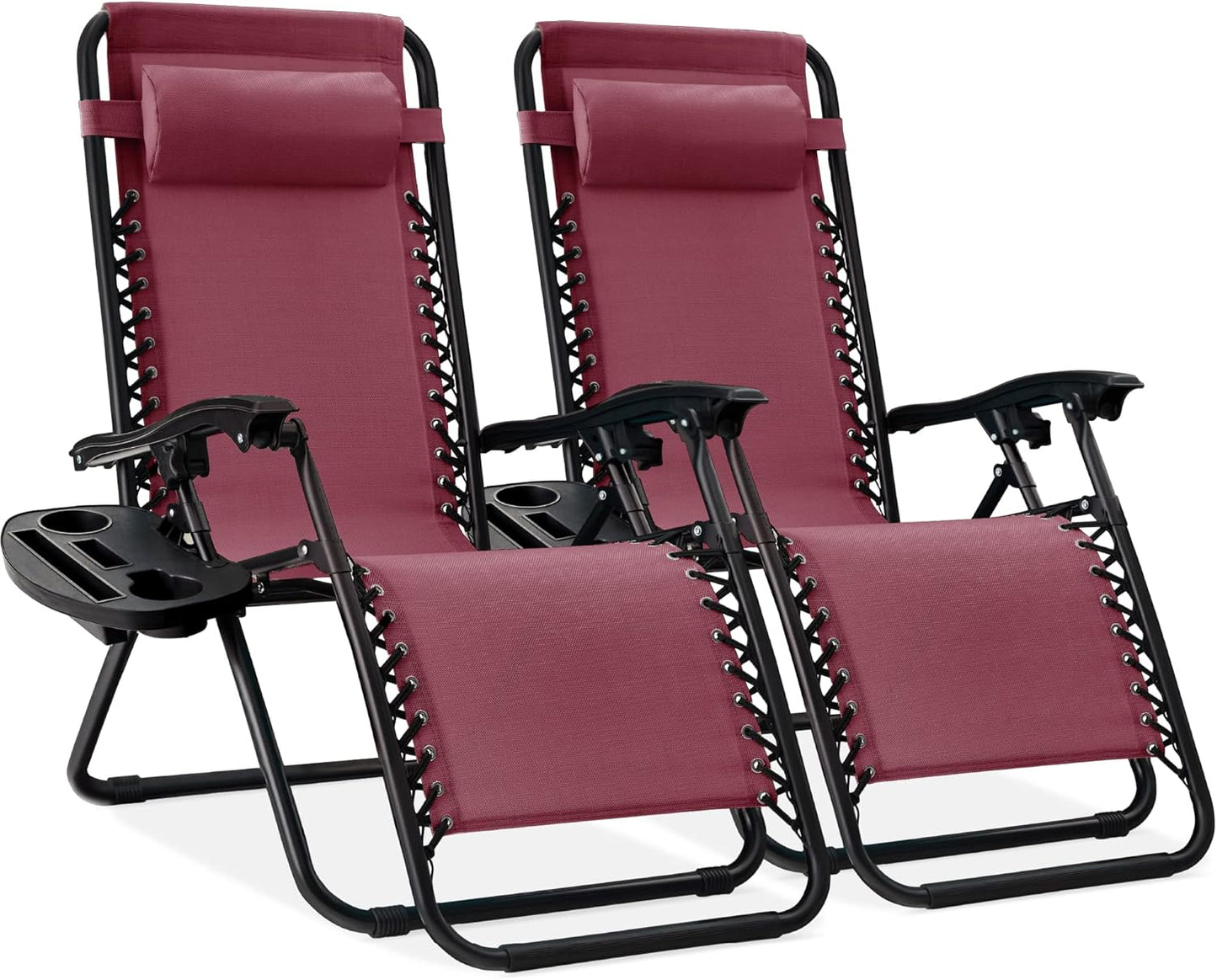 Best Choice Products Set of 2 Adjustable Steel Mesh Zero Gravity Lounge Chair Recliners w/Pillows and Cup Holder Trays - Ice Gray