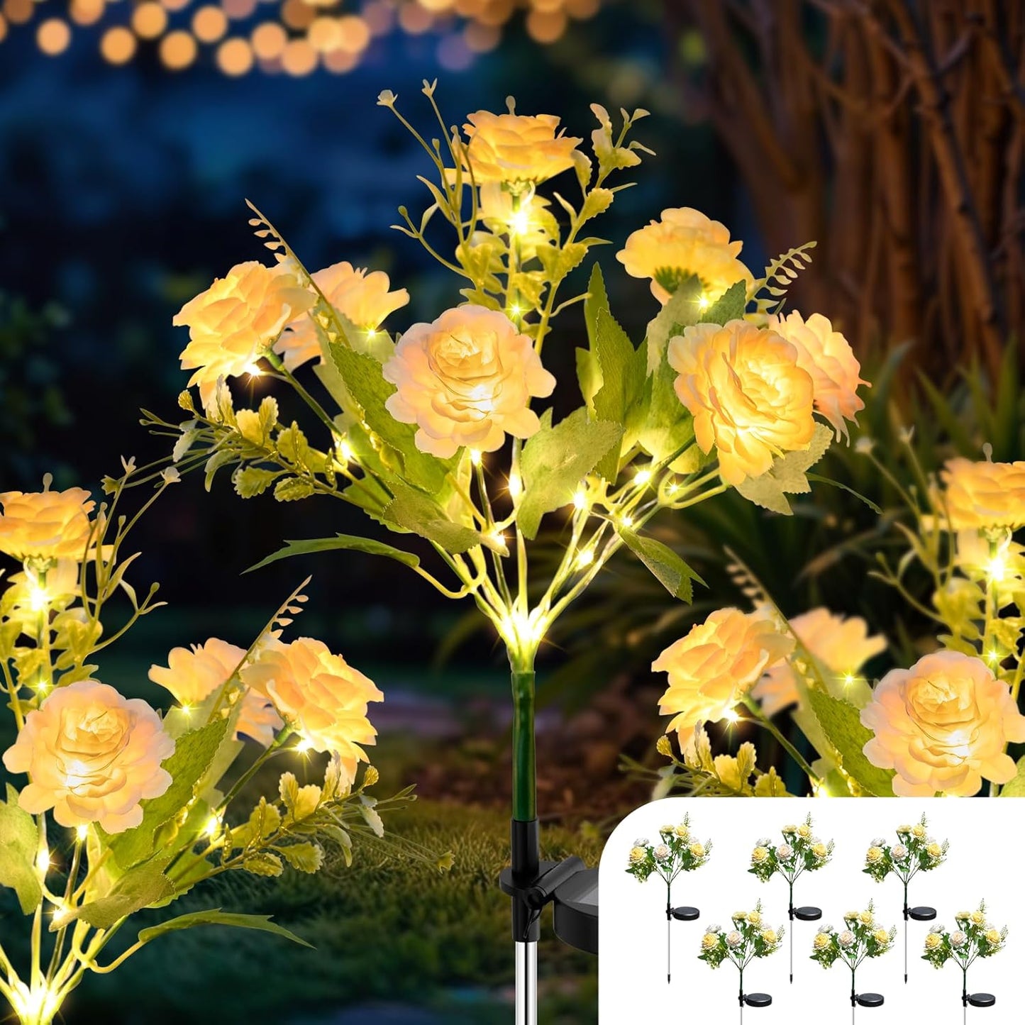 Solar Garden Light 6 Packs, 42 LEDs Outdoor Solar Lighting with Hibiscus Flowers, Waterproof Outdoor Garden Light for Patio, Courtyard, Pathway Decoration