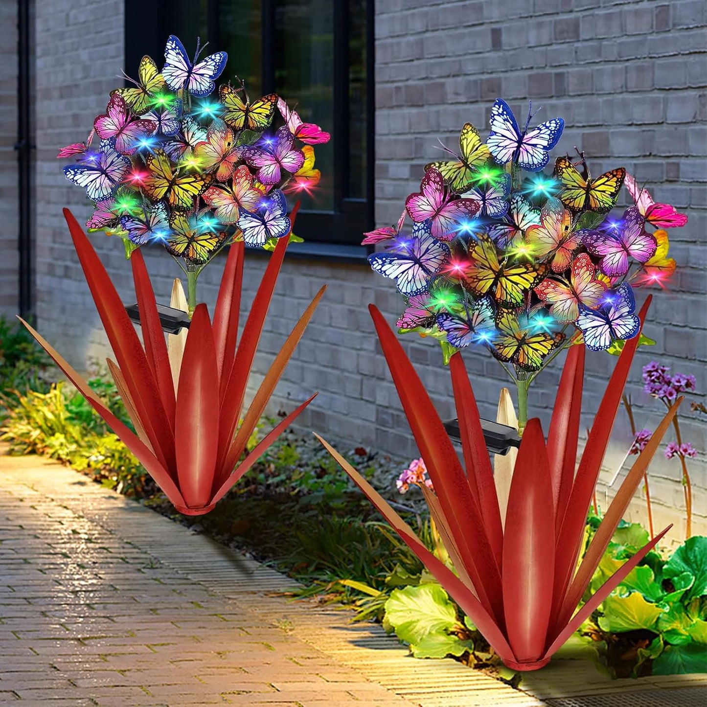 Solar Metal Agave Butterfly Flower Stick Garden Sculpture - Outdoor Gift, Christmas Lights, Swaying Butterfly, Sunflower - Solar Outdoor Statues (3 PCS Light Green)