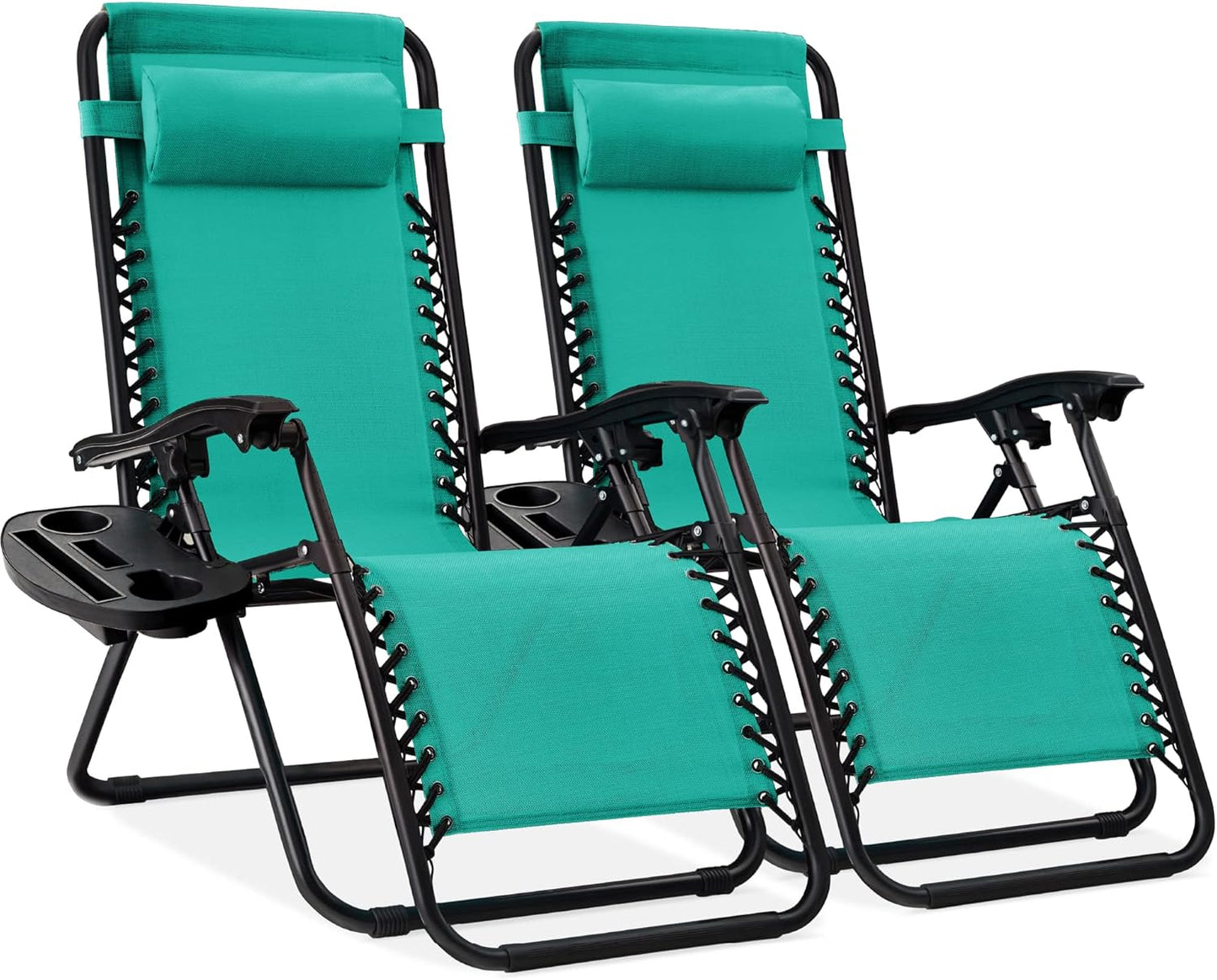 Best Choice Products Set of 2 Adjustable Steel Mesh Zero Gravity Lounge Chair Recliners w/Pillows and Cup Holder Trays - Ice Gray