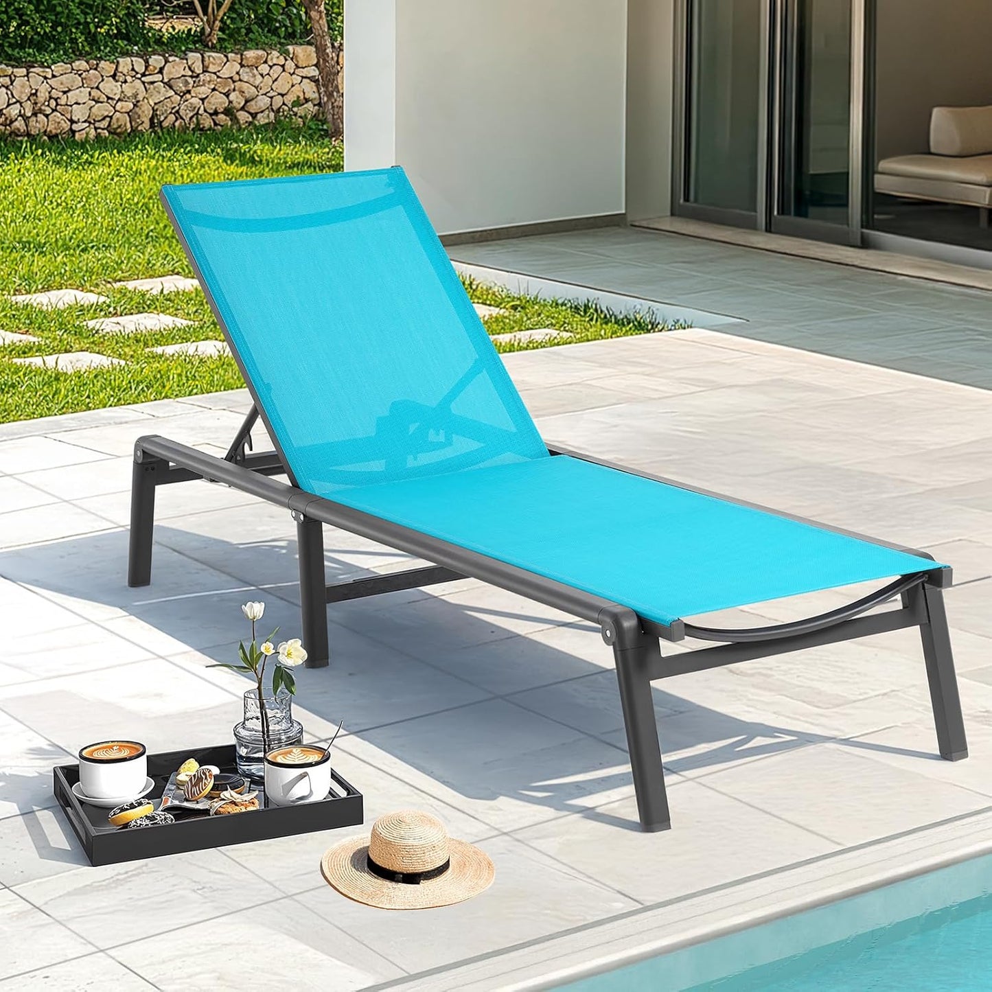 Aluminum Chaise Lounge Chair Outdoor, Foldable & Assembly Free Outdoor Lounge Chair with 5 Position Adjustable Backrest, Patio Pool Lounge Chairs for Outside Poolside Beach Lawn, 1PC, Lake Blue