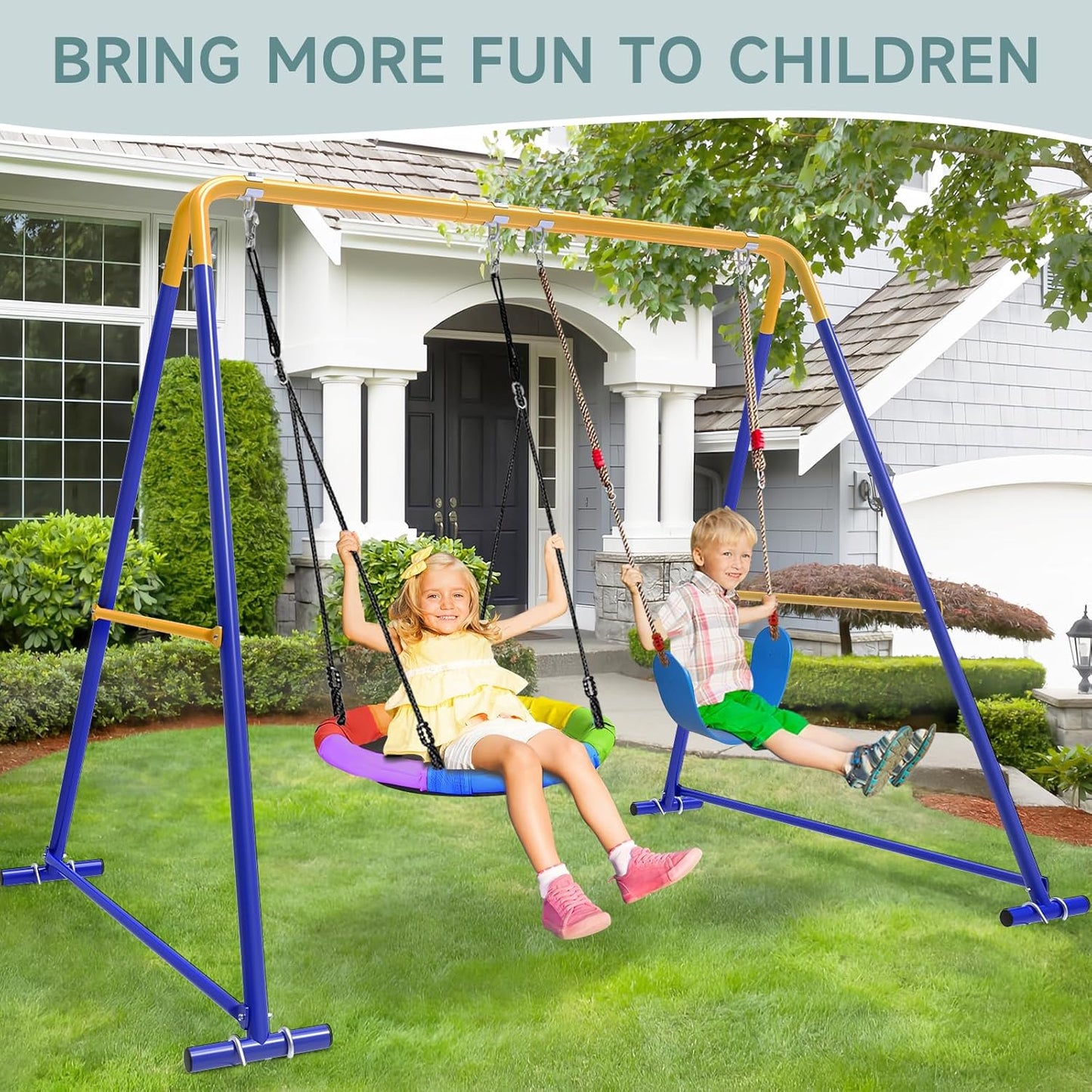Swing Sets for Backyard, Toddler Swing Set with 2 Seat 1 Saucer & 1 Belt Seat, 440lbs Heavy-Duty Swing Frame w/8 Ground Stakes, A Frame Outdoor Swingset for Kids and Adults for Backyard