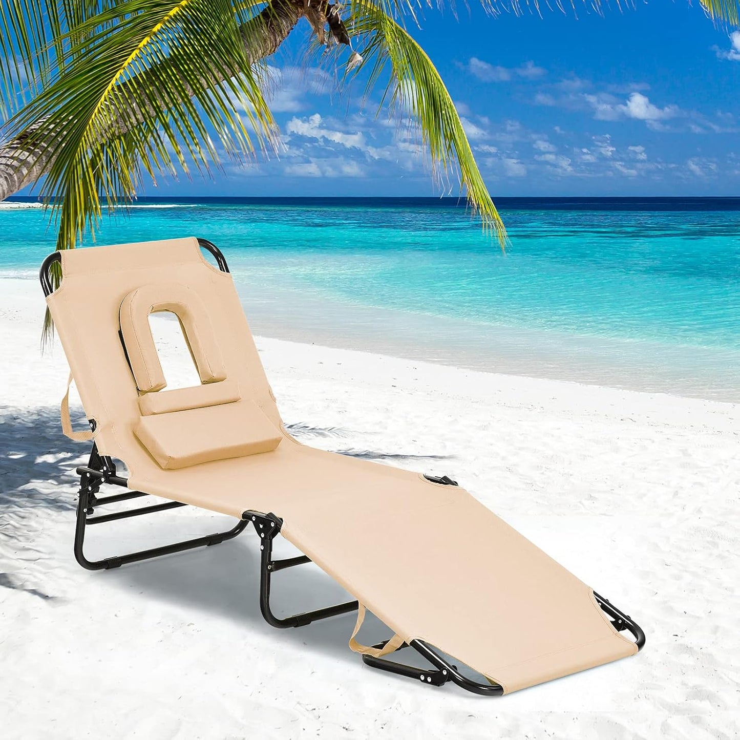 Folding Beach Lounge Chair w/ 5 Adjutable Backrest & Padded Pillow, Sunbathing Lounger Chair, Sun Tanning Lay Flat Chair for Seaside Pool Deck, Max Load 330 LBS, No Assembly Required (Beige)