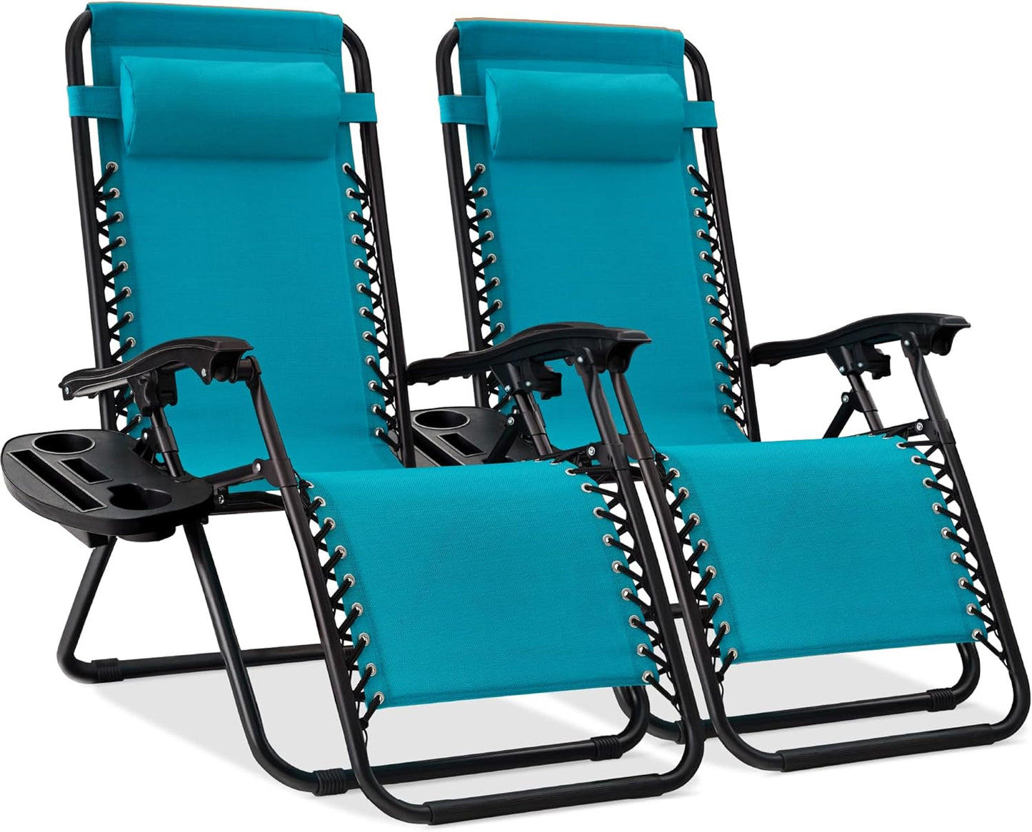 Best Choice Products Set of 2 Adjustable Steel Mesh Zero Gravity Lounge Chair Recliners w/Pillows and Cup Holder Trays - Ice Gray