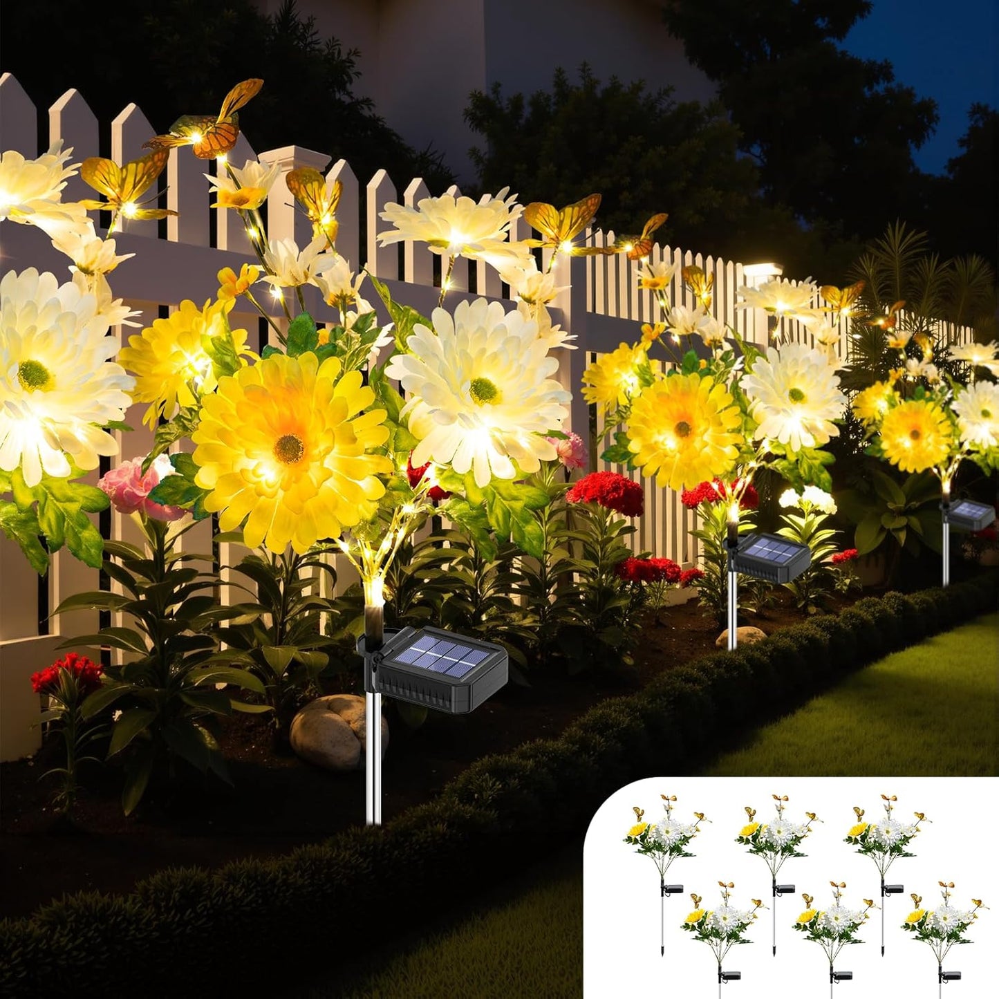 Solar Garden Light 6 Packs, 120 LEDs Outdoor Solar Lighting with Daisy and Butterfly, Waterproof Outdoor Garden Light for Patio, Courtyard, Pathway Decoration (Pink)