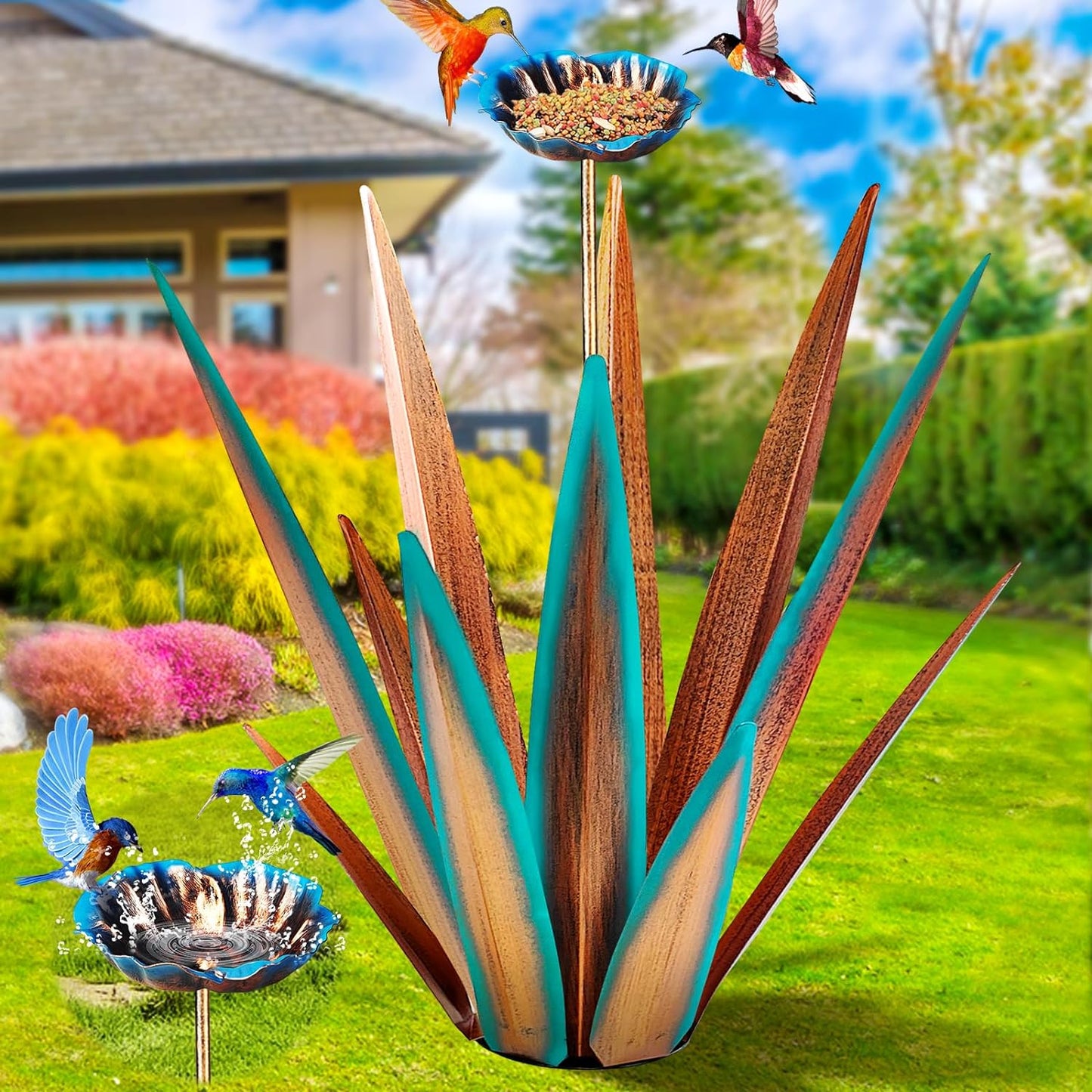 Large Tequila Rustic Sculpture, Rustic Metal Agave Plants for Outdoor Patio Yard, Home Decor Hand Painted Metal Agave Garden Yard Statue, Outdoor Lawn Ornaments (Blue - L (W/Solar Light))