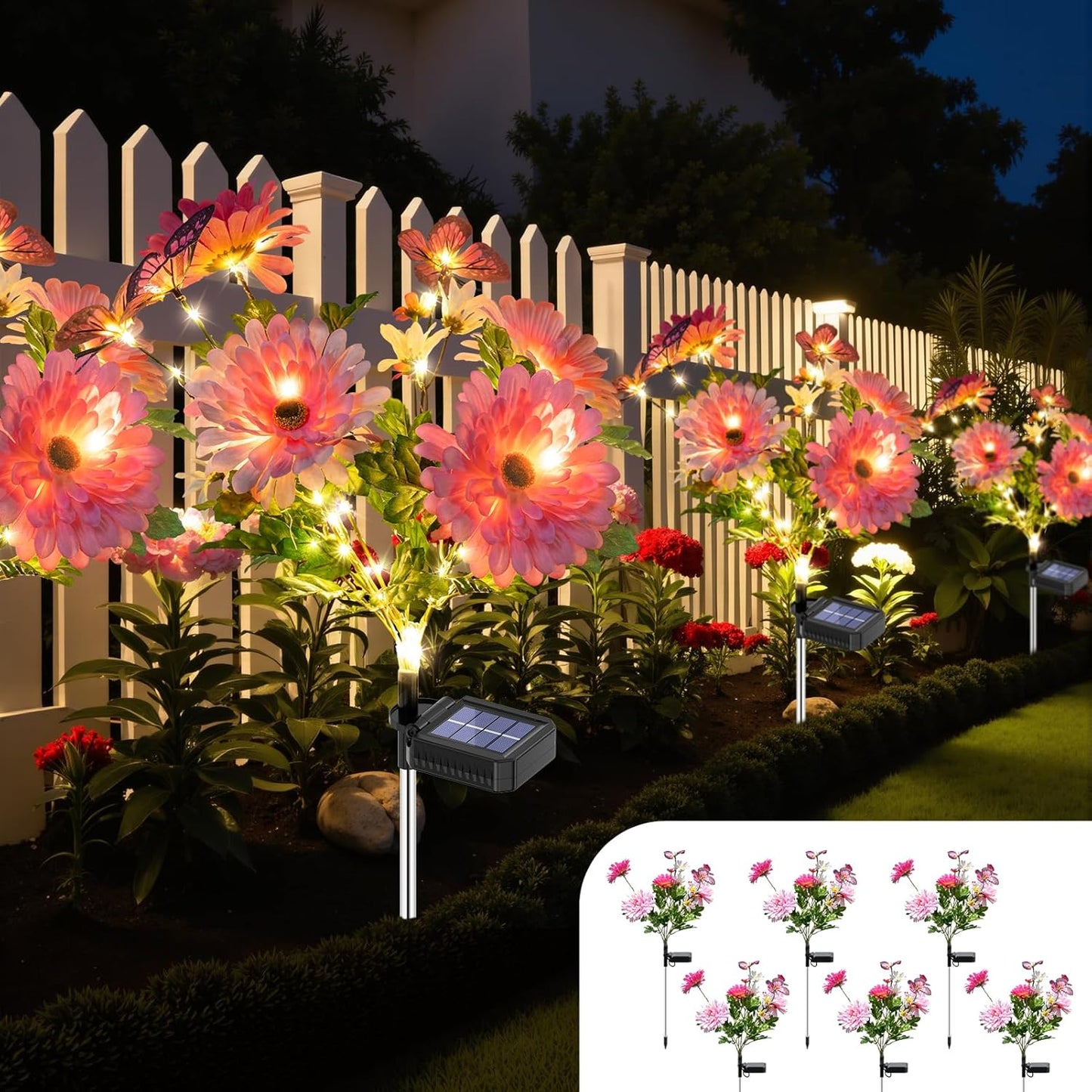 Solar Garden Light 6 Packs, 120 LEDs Outdoor Solar Lighting with Daisy and Butterfly, Waterproof Outdoor Garden Light for Patio, Courtyard, Pathway Decoration (Pink)