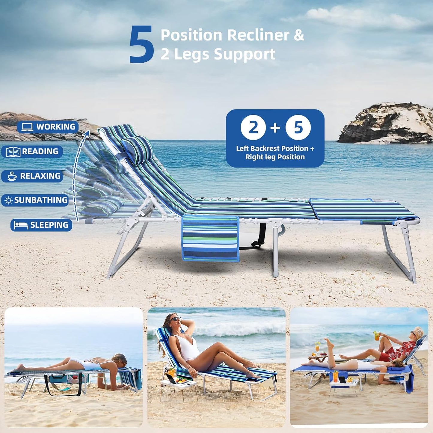 3-in-1 Beach Chair Face Holes, Lounge Chair Outdoor with Folding Side Table, 5-Position Recliner, Lay Flat, Removable Pillow, Heavy Duty, Max 330lbs, Poolside, Patio, Camping, Backyard Striped Blue