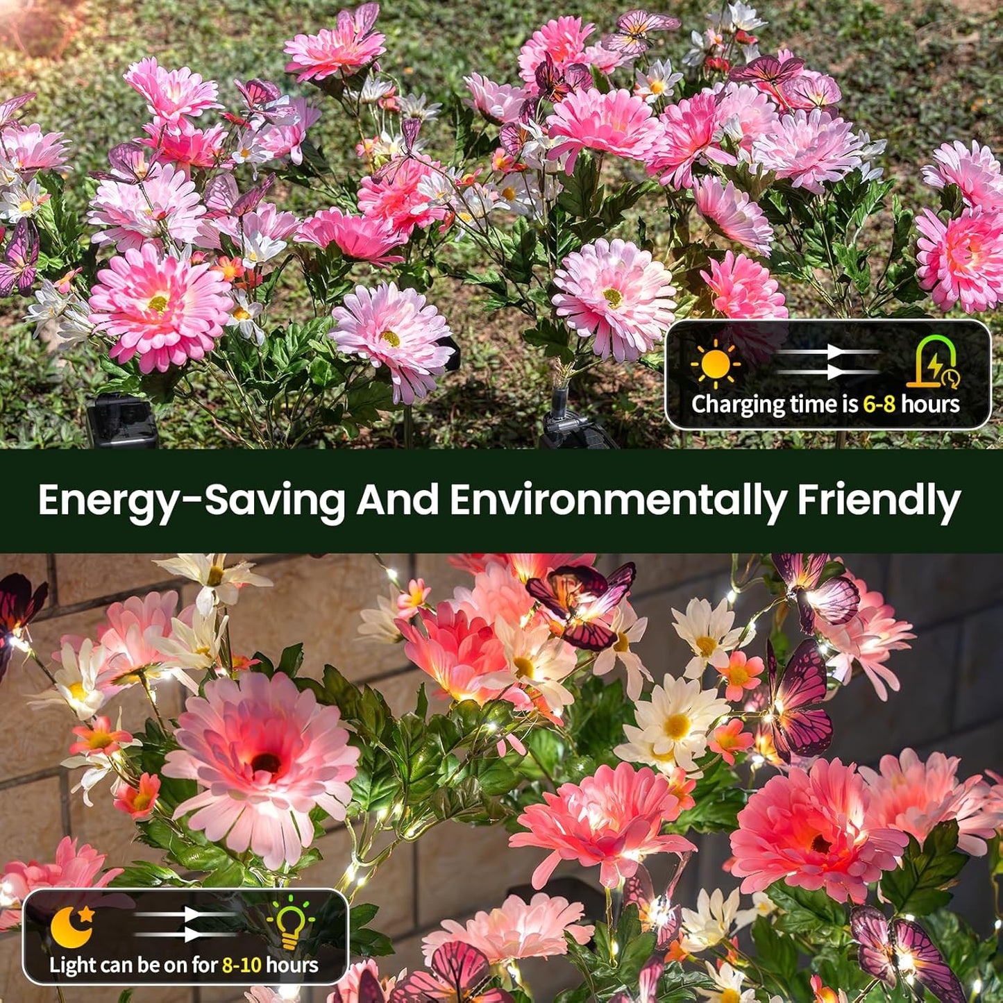 Solar Garden Light 6 Packs, 120 LEDs Outdoor Solar Lighting with Daisy and Butterfly, Waterproof Outdoor Garden Light for Patio, Courtyard, Pathway Decoration (Pink)