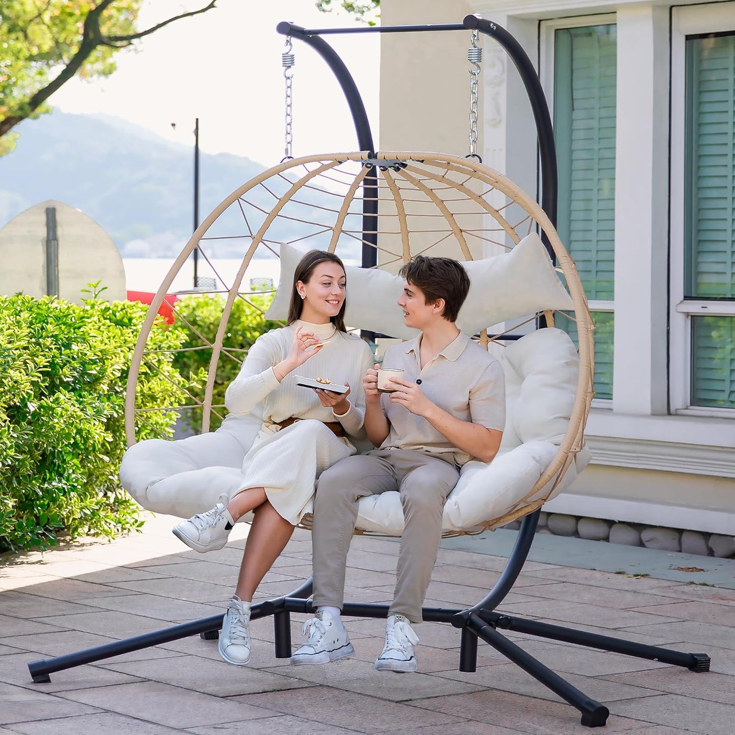 Easyego Double Egg Chair with Stand Hammock Swing Chair 2 Person Outdoor Indoor Hanging Loveseat with UV Resistant Removable Cushion for Patio Living Room-660LBS Capacity, Grey